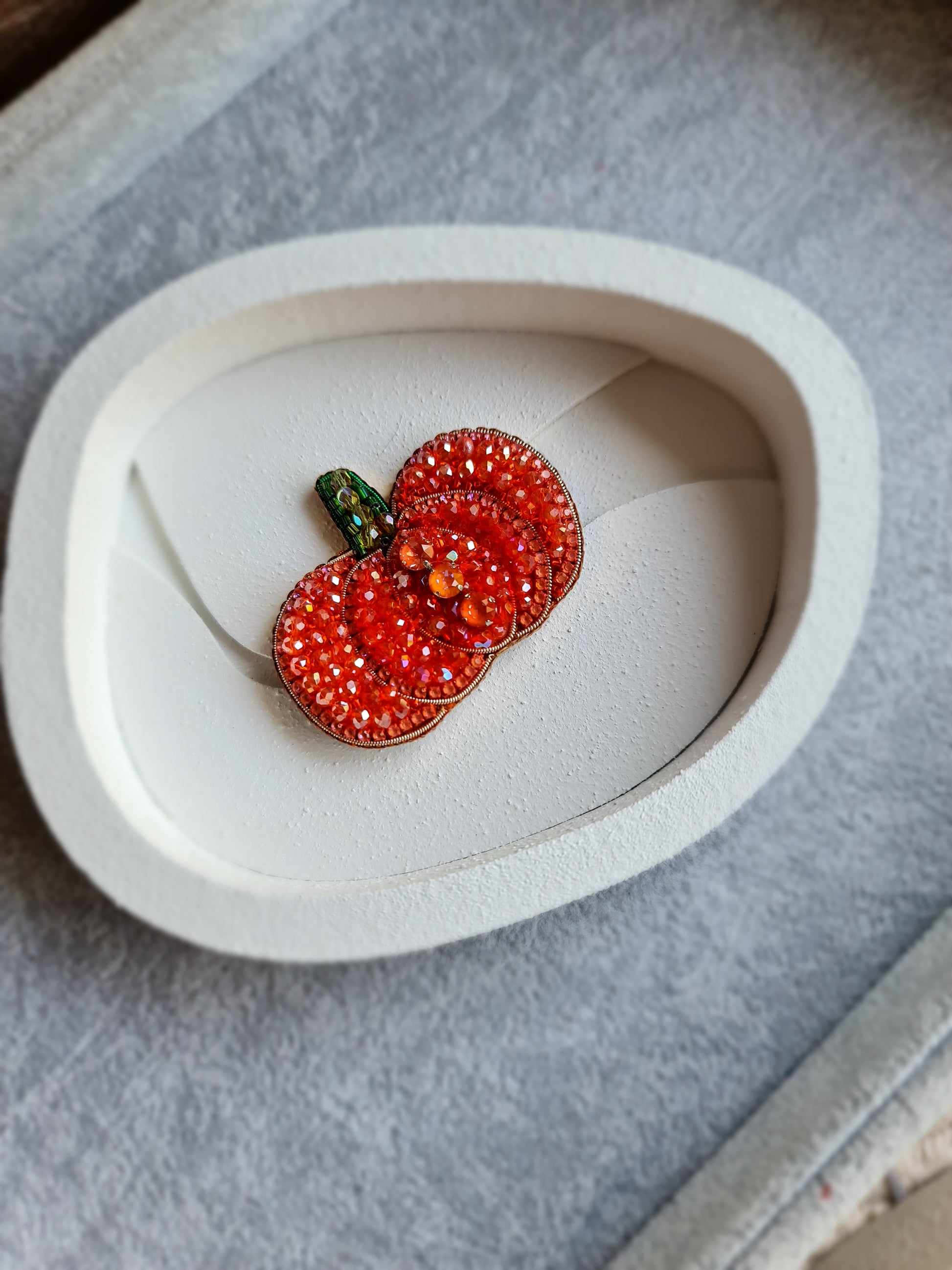 Pumpkin beaded brooch hand embroidered with orange beads crystals and green stem detail