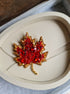 Maple leaf brooch with red gemstones on a heart-shaped display box