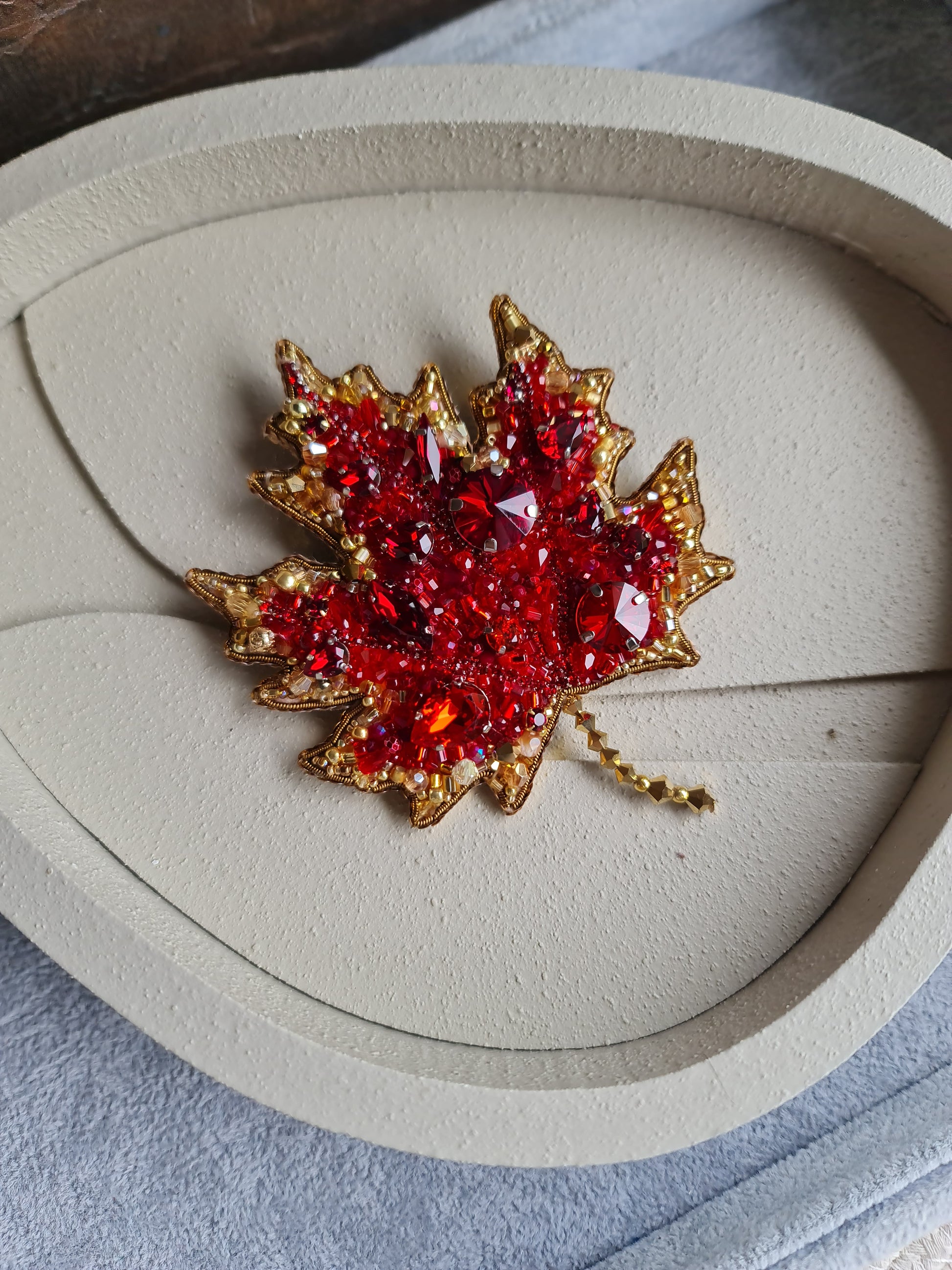 Red Maple Leaf Beaded Brooch