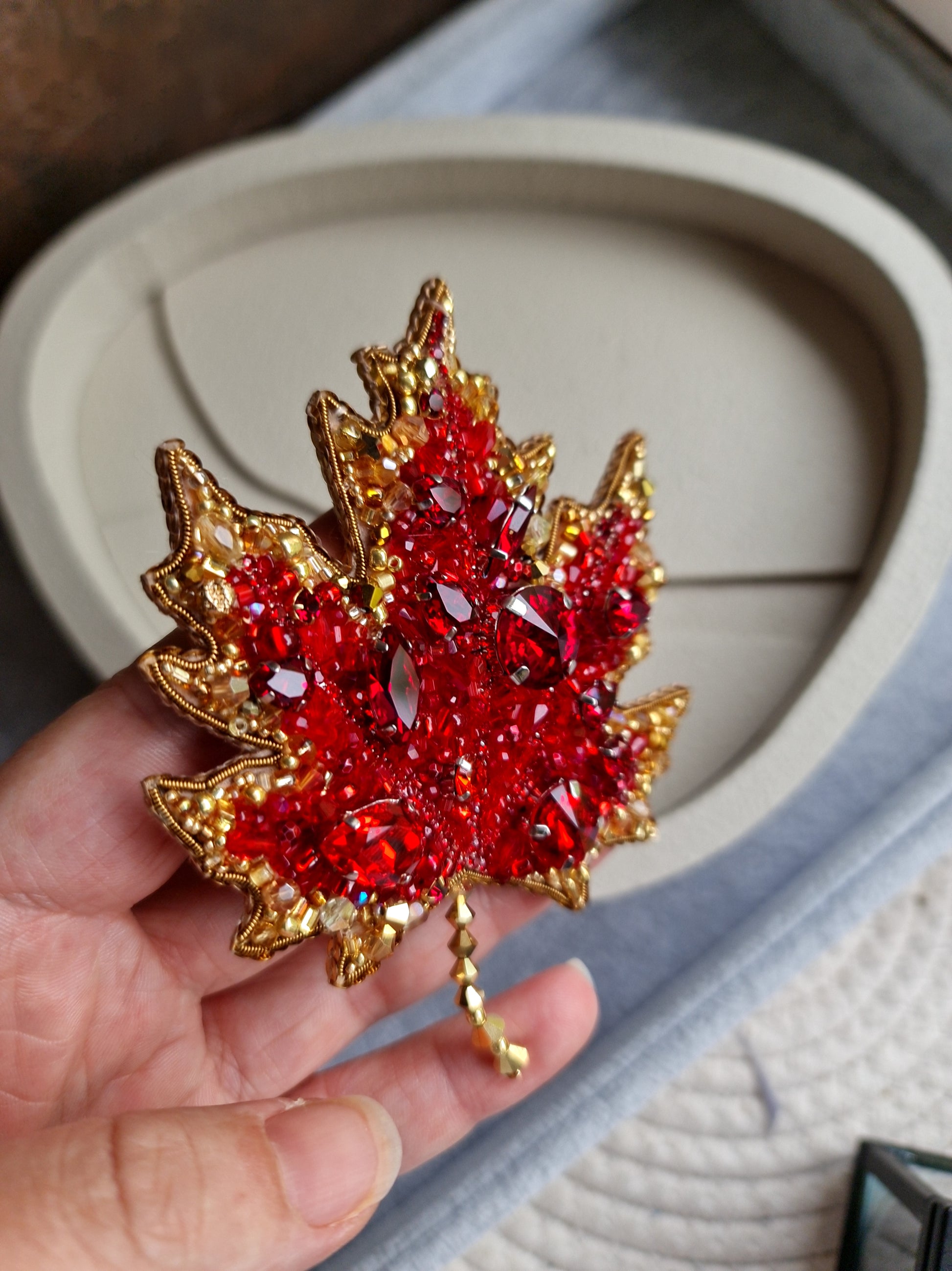 Red Maple Leaf Beaded Brooch