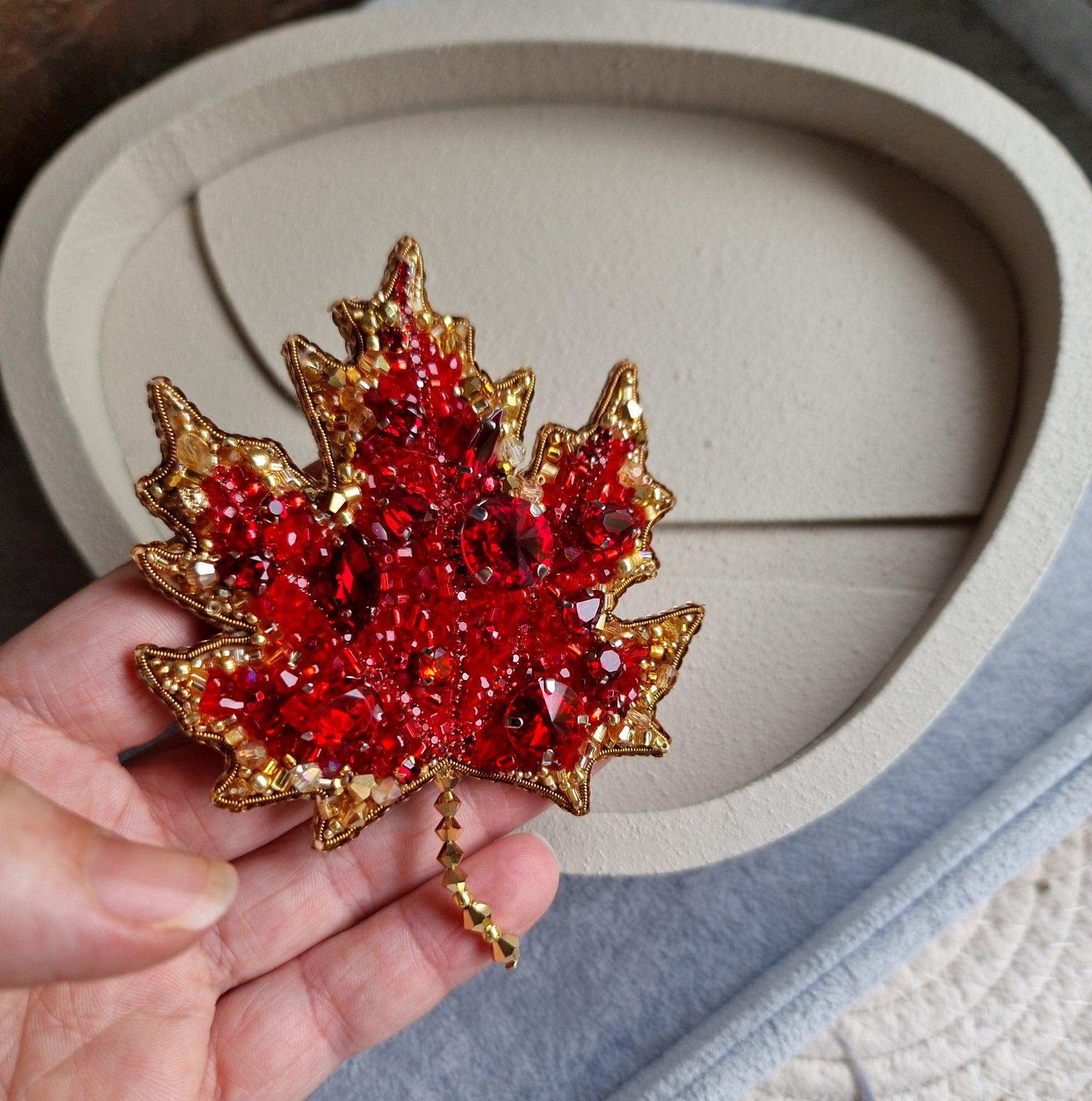 Red Maple Leaf Beaded Brooch
