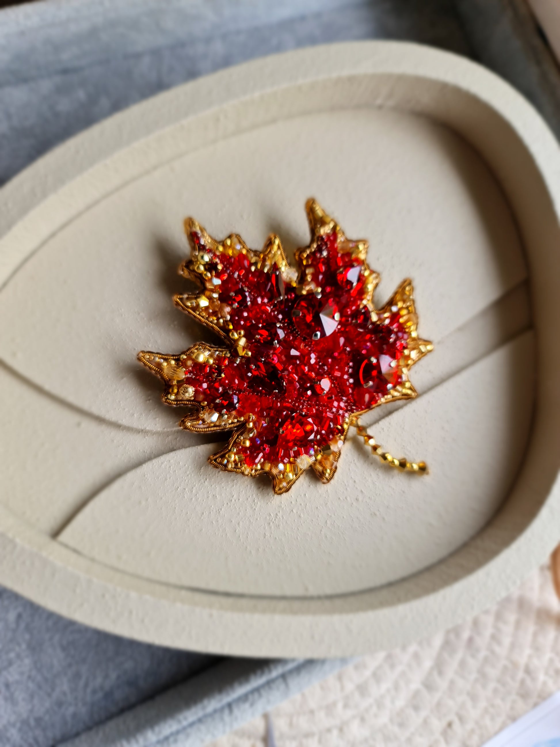 Red Maple Leaf Beaded Brooch
