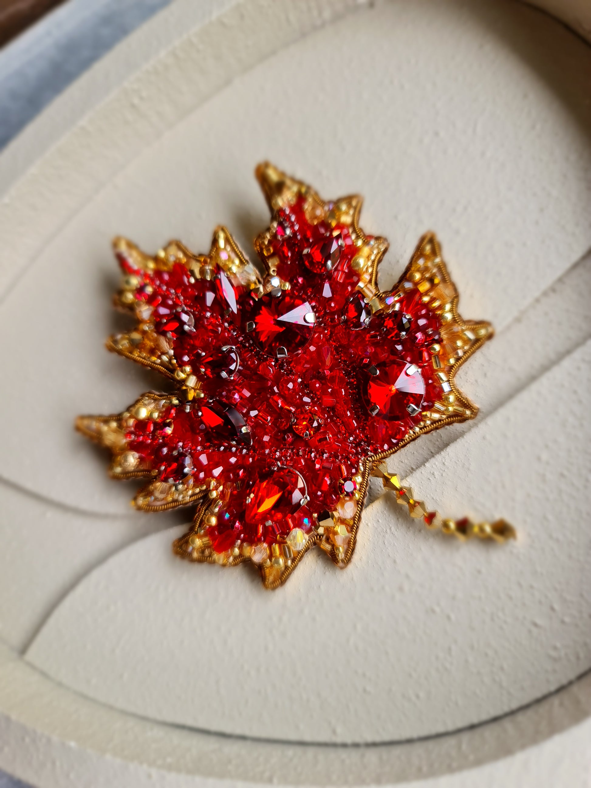 Red Maple Leaf Beaded Brooch