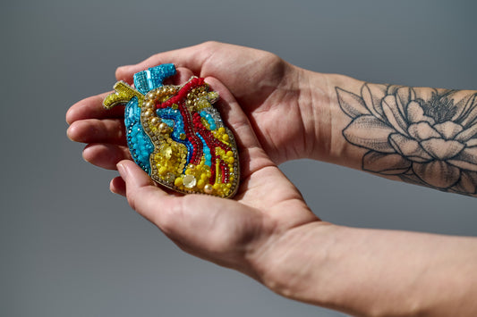 Anatomical Heart of Ukraine Embroidered Brooch – Handmade Patriotic Jewelry (11.5 cm x 7 cm)