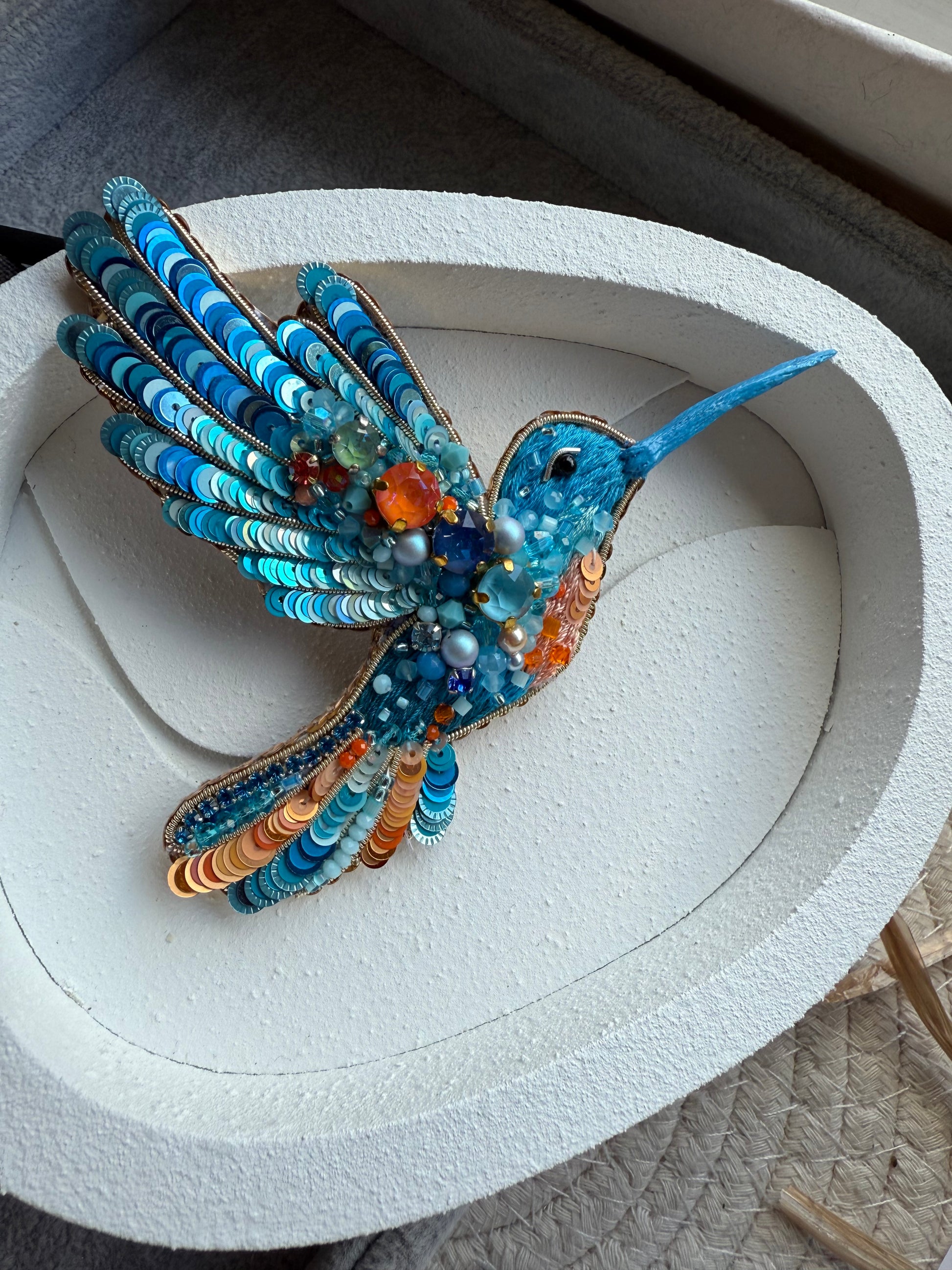 Blue Hummingbird Beaded Brooch