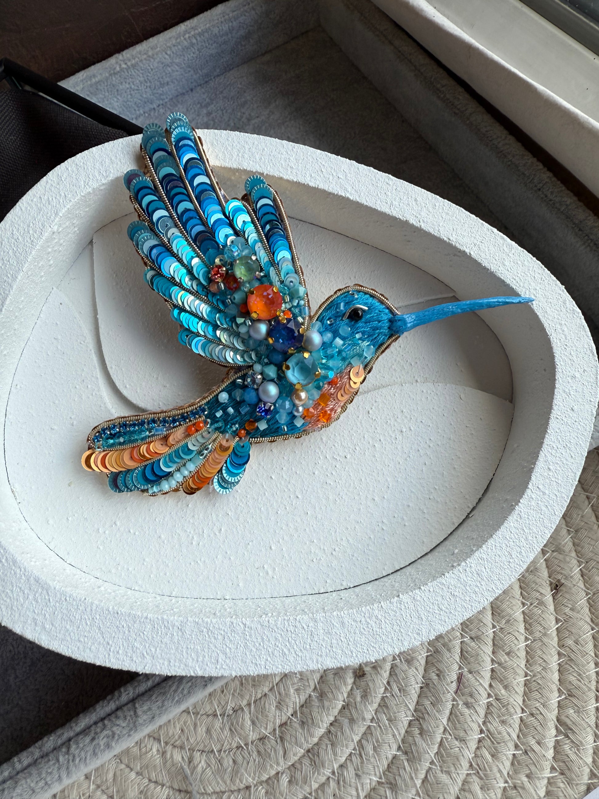 Blue Hummingbird Beaded Brooch