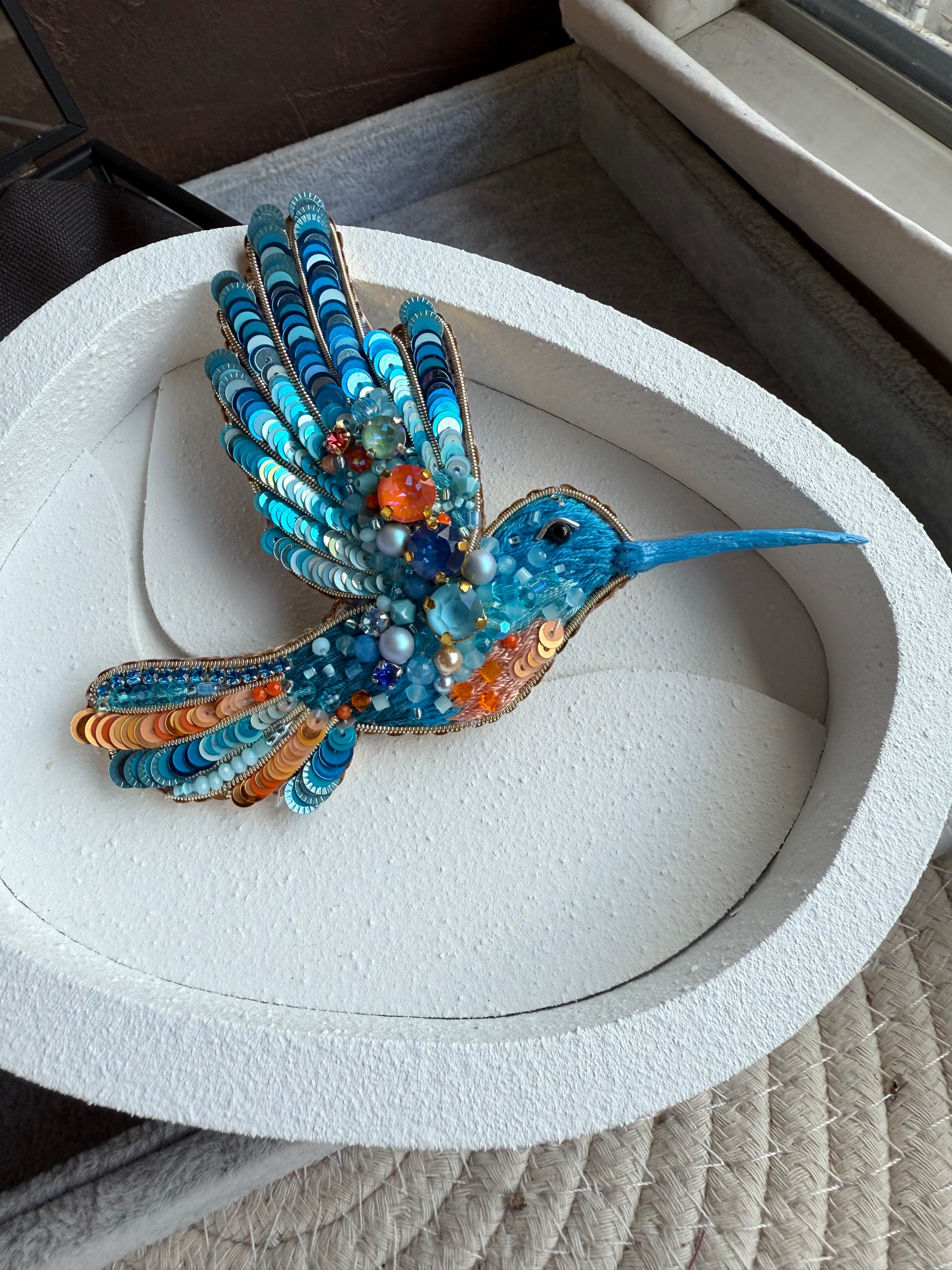 Blue Hummingbird Beaded Brooch