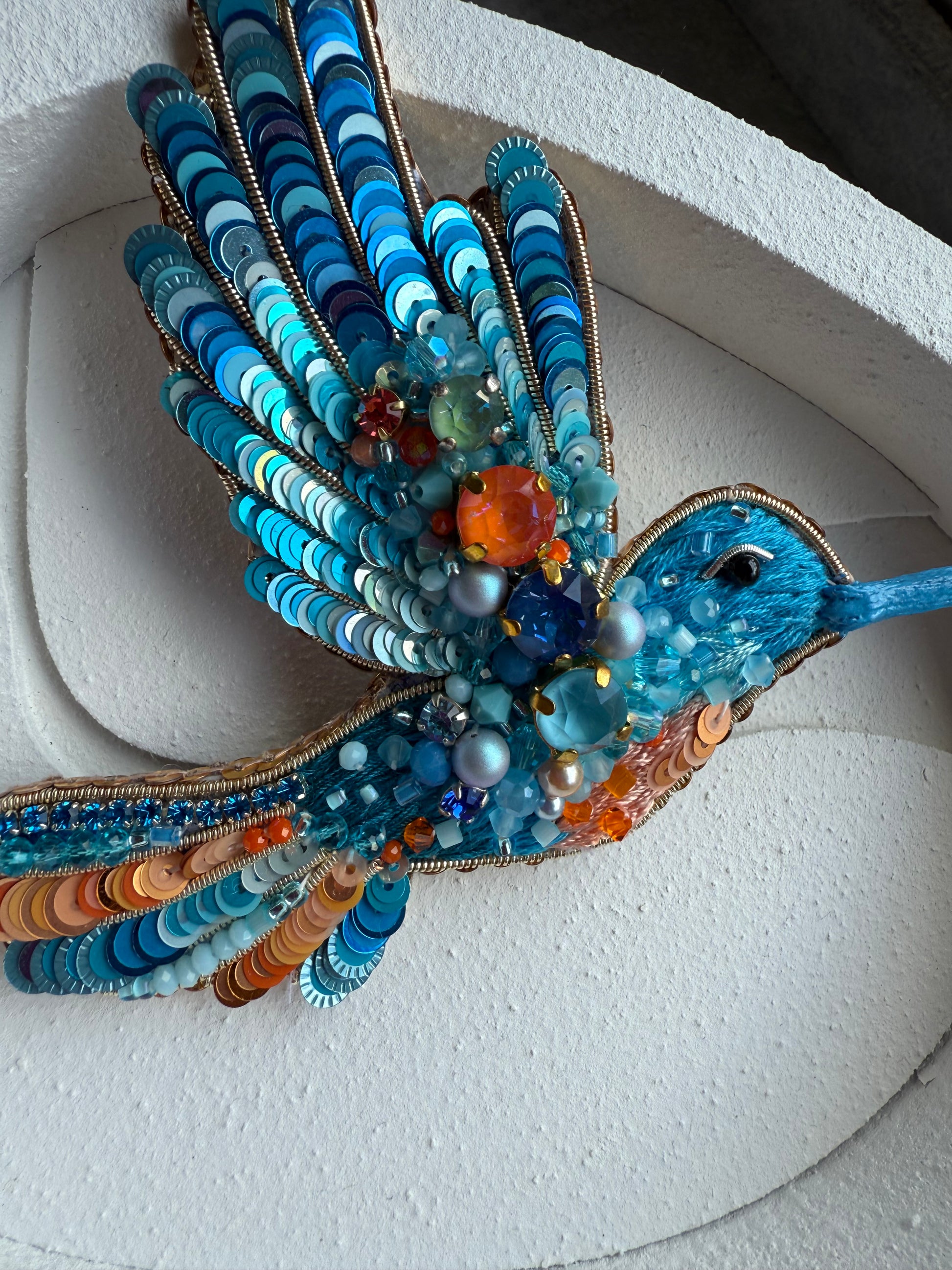 Blue Hummingbird Beaded Brooch