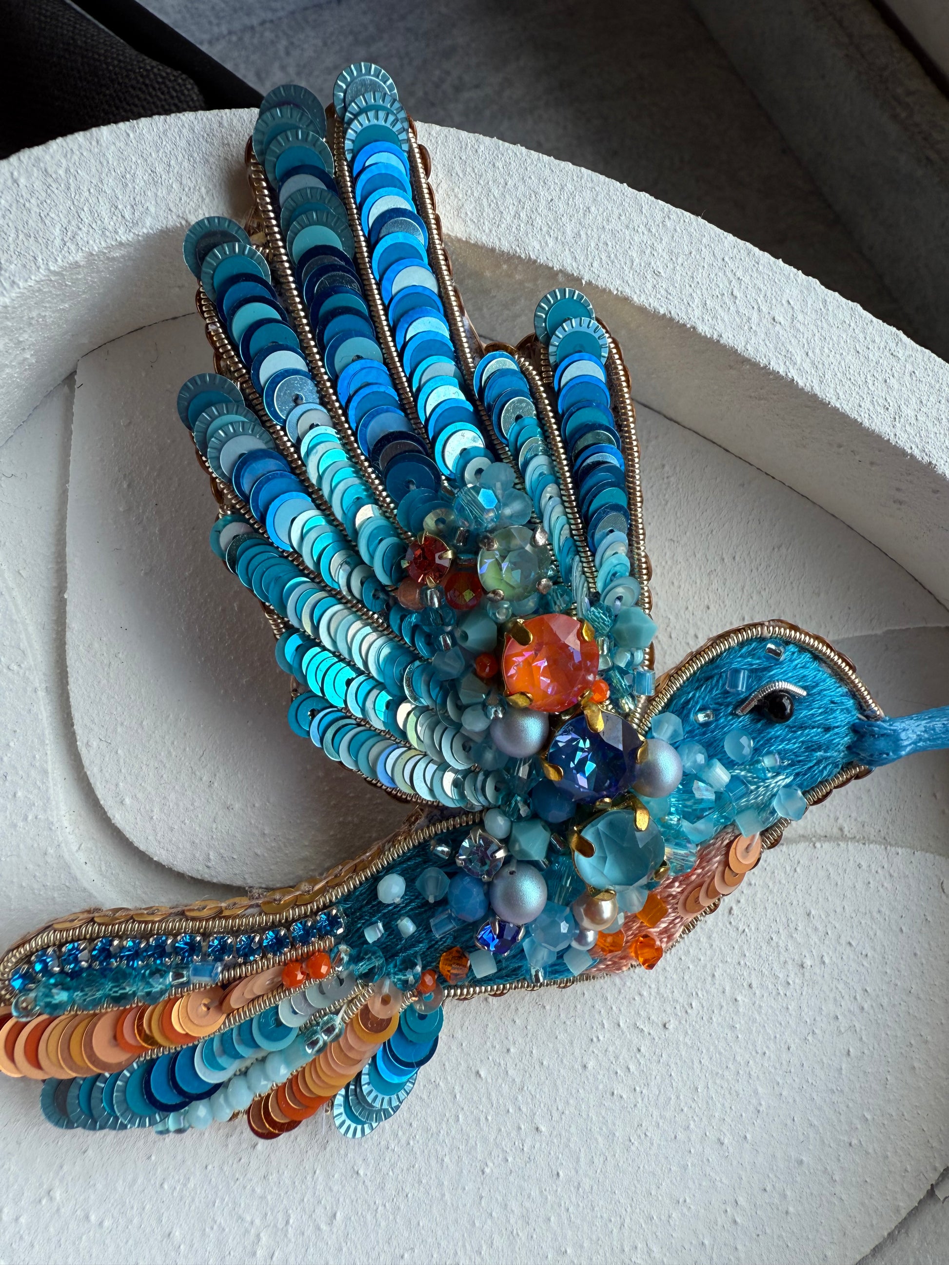 Blue Hummingbird Beaded Brooch