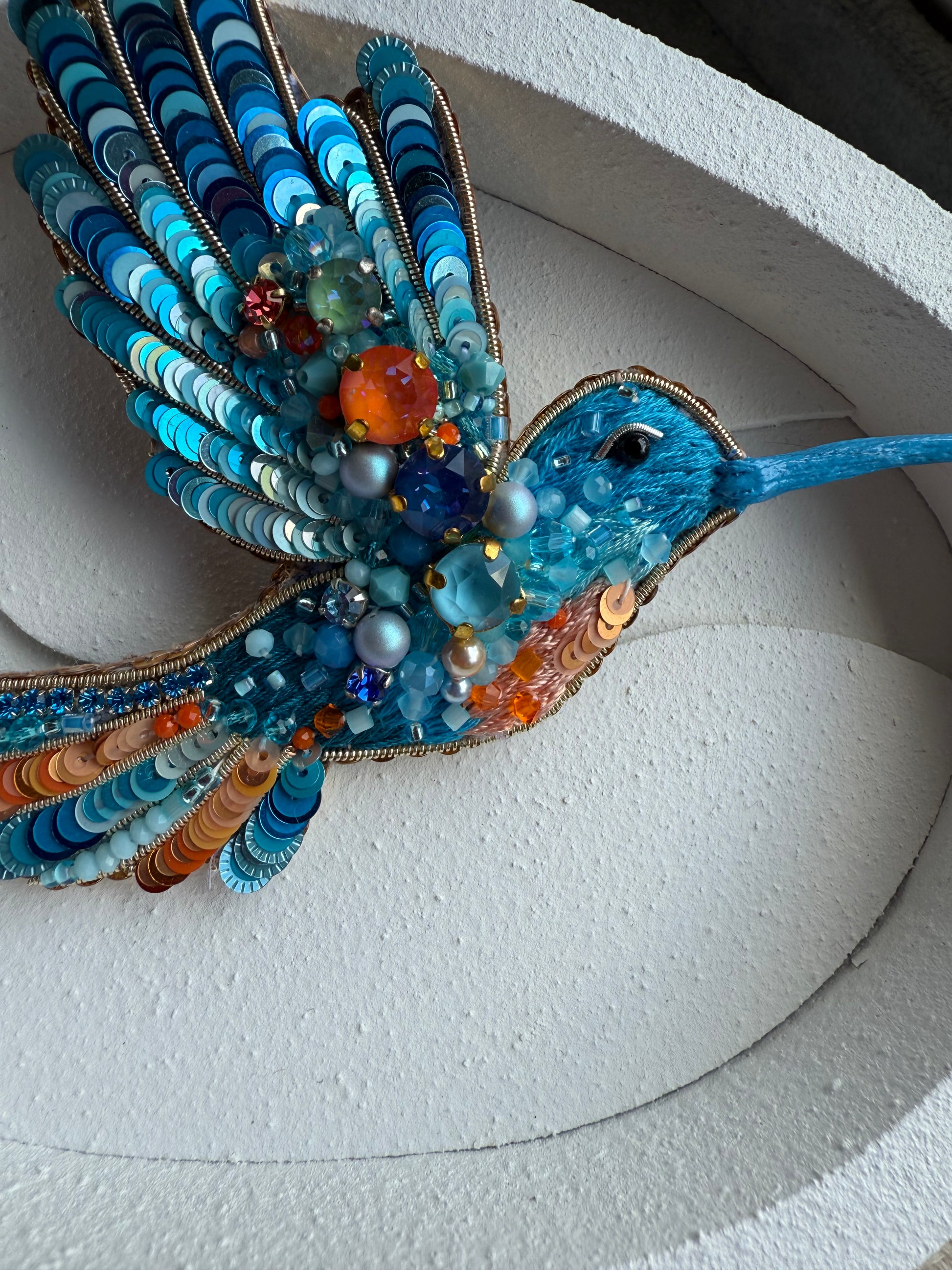Blue Hummingbird Beaded Brooch