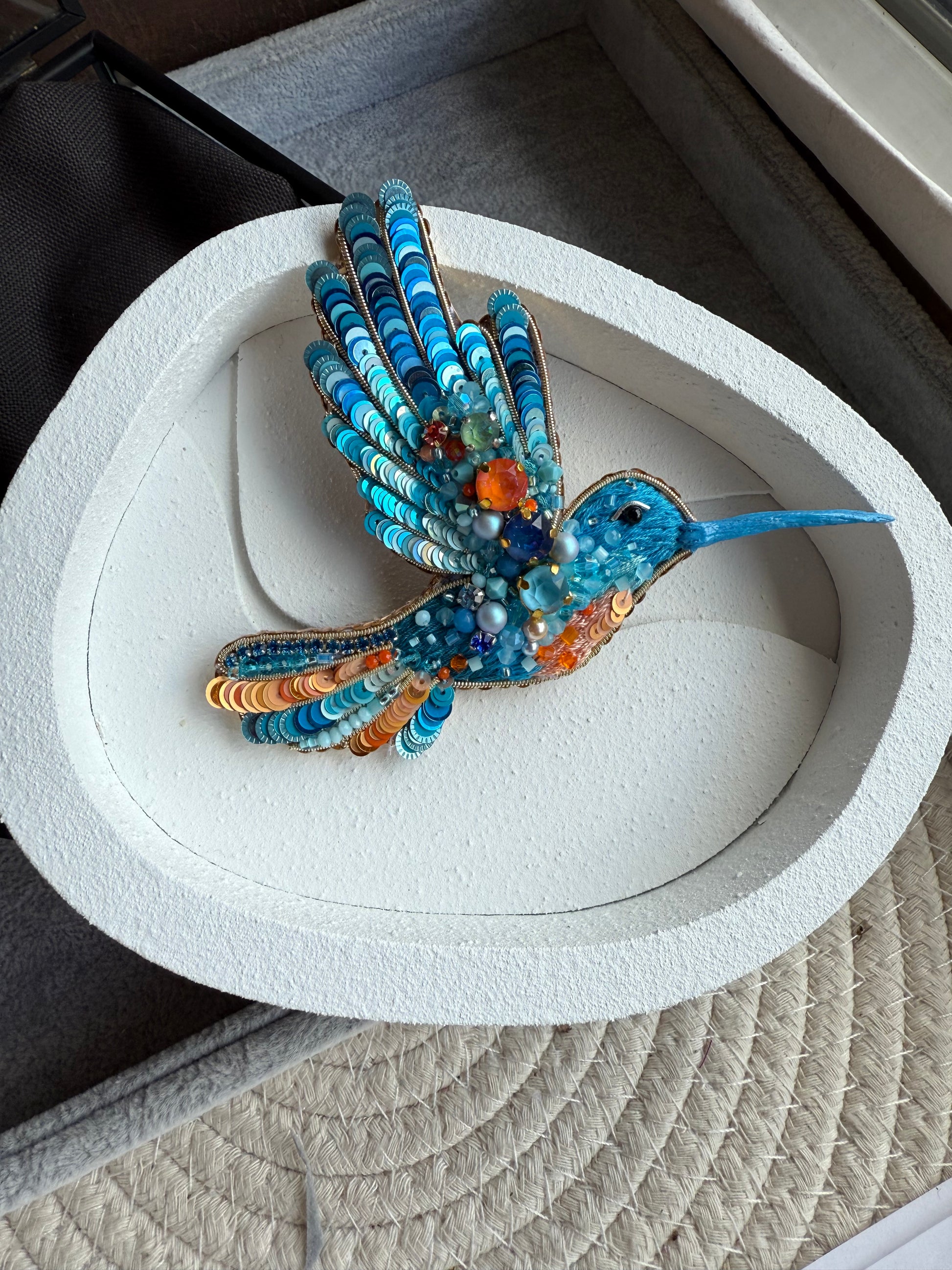 Blue Hummingbird Beaded Brooch