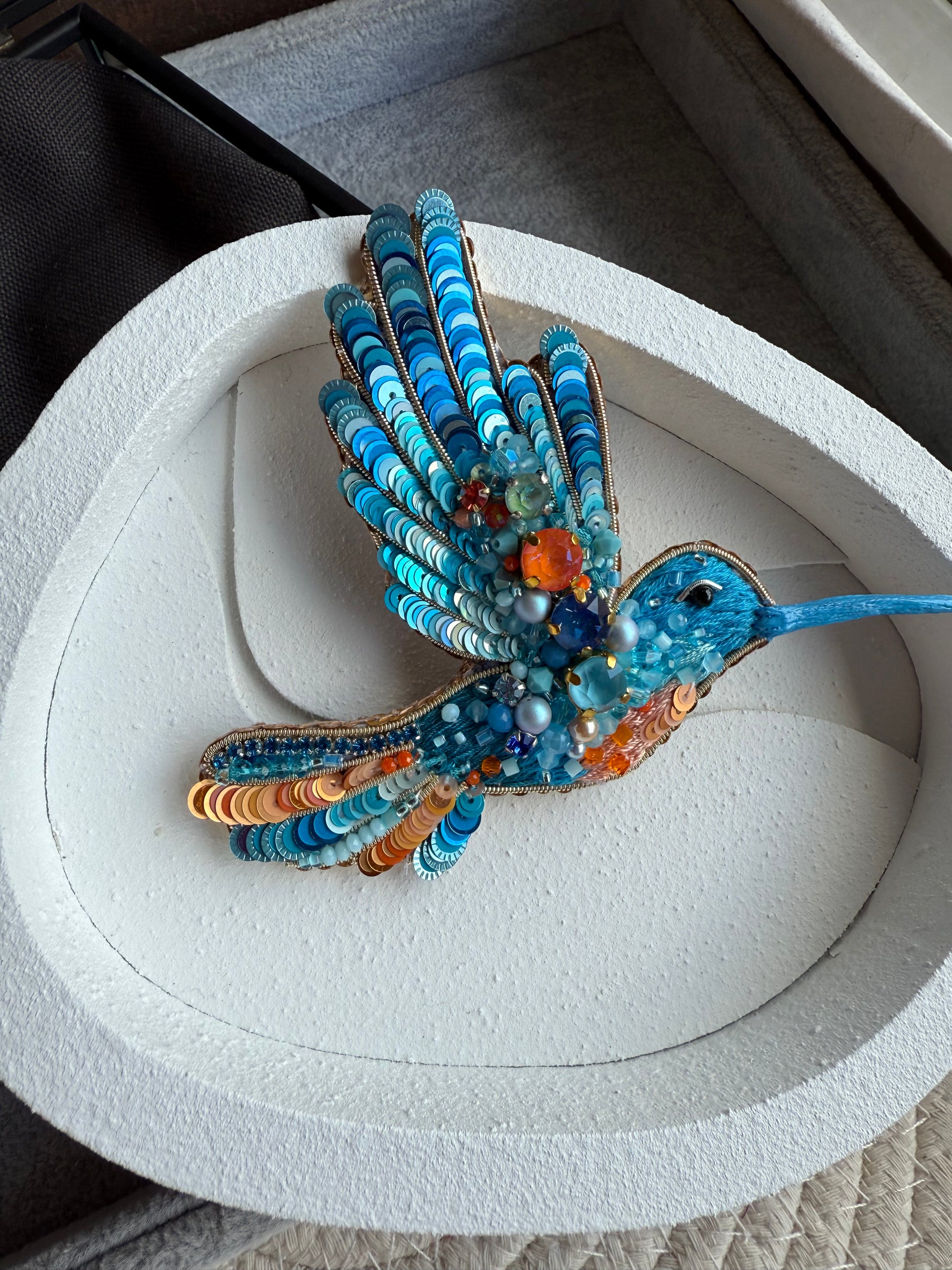 Blue Hummingbird Beaded Brooch