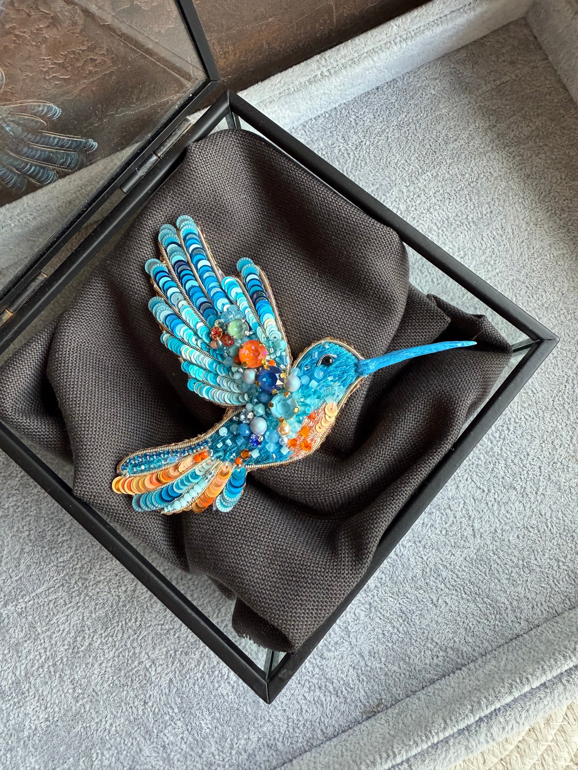 Blue Hummingbird Beaded Brooch