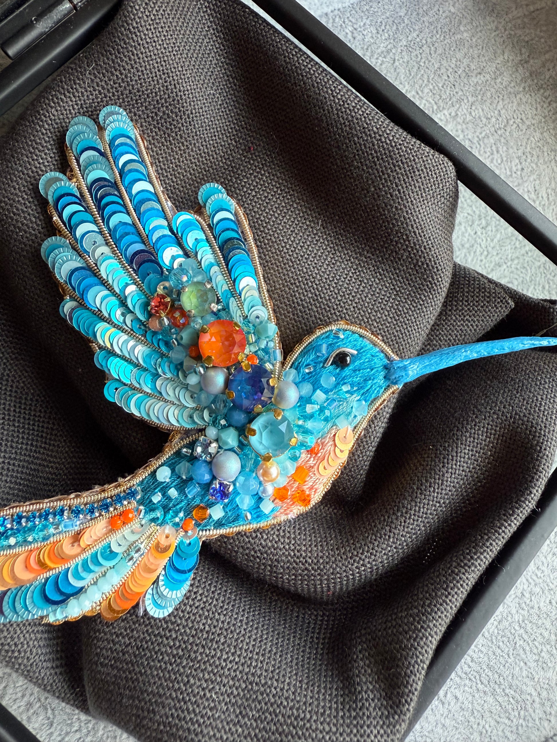 Blue Hummingbird Beaded Brooch