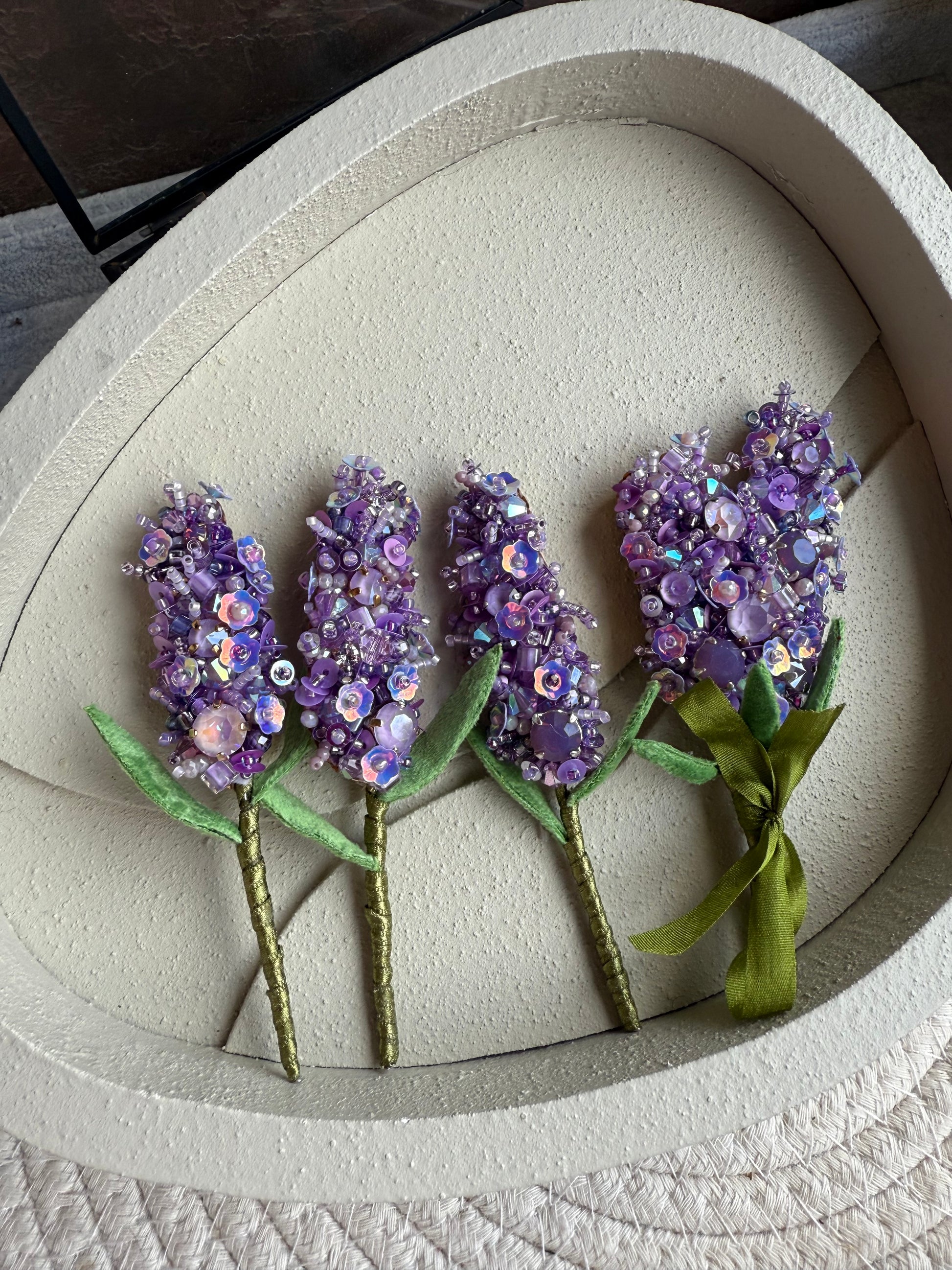 Purple lavender beaded brooch hand embroidered with crystals, sequins, and beads, available as a single stem or triple lavender bouquet