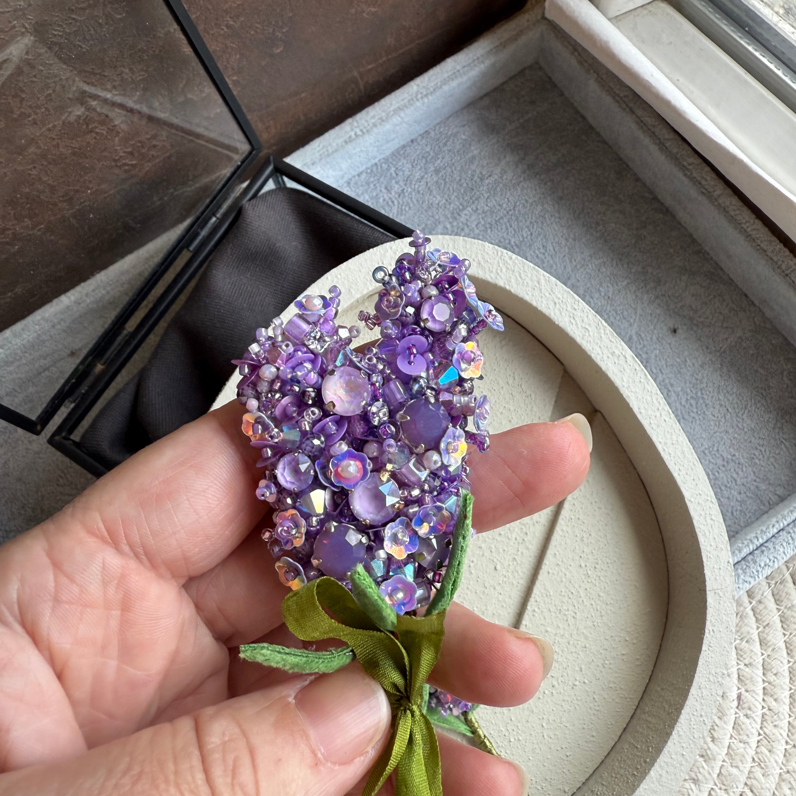 Purple lavender beaded brooch hand embroidered with crystals, sequins, and beads, available as a single stem or triple lavender bouquet