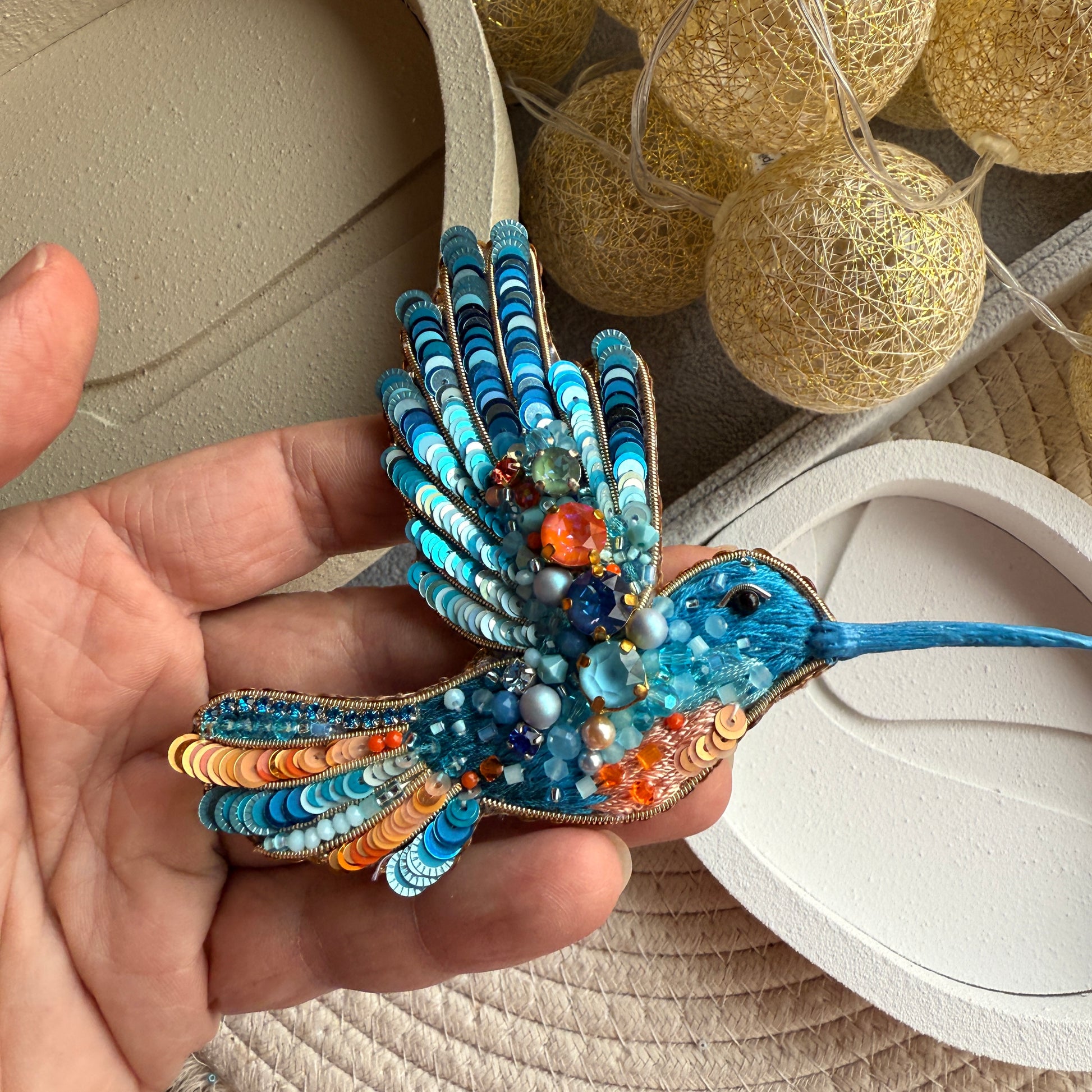 Blue Hummingbird Beaded Brooch