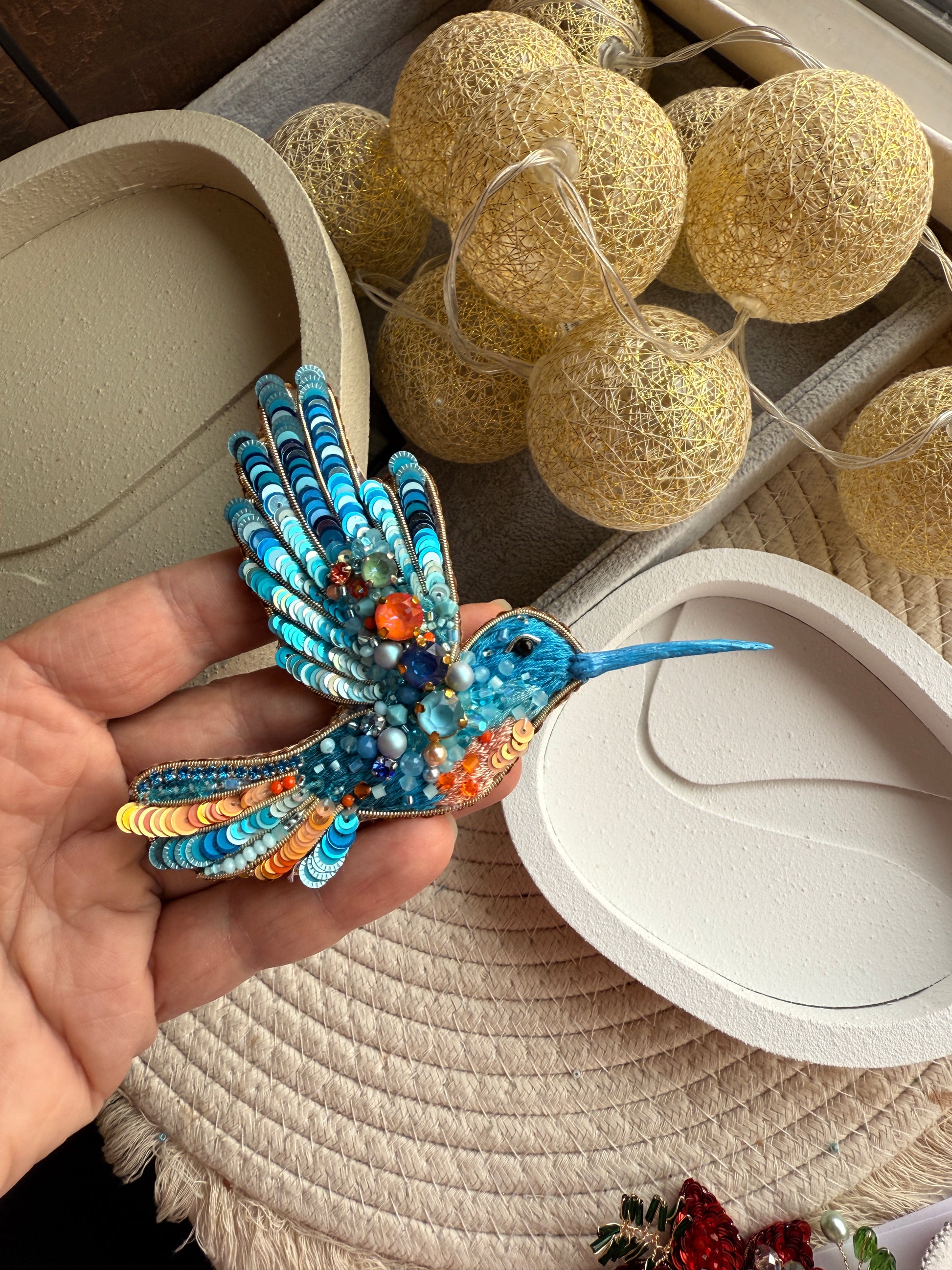 Blue Hummingbird Beaded Brooch