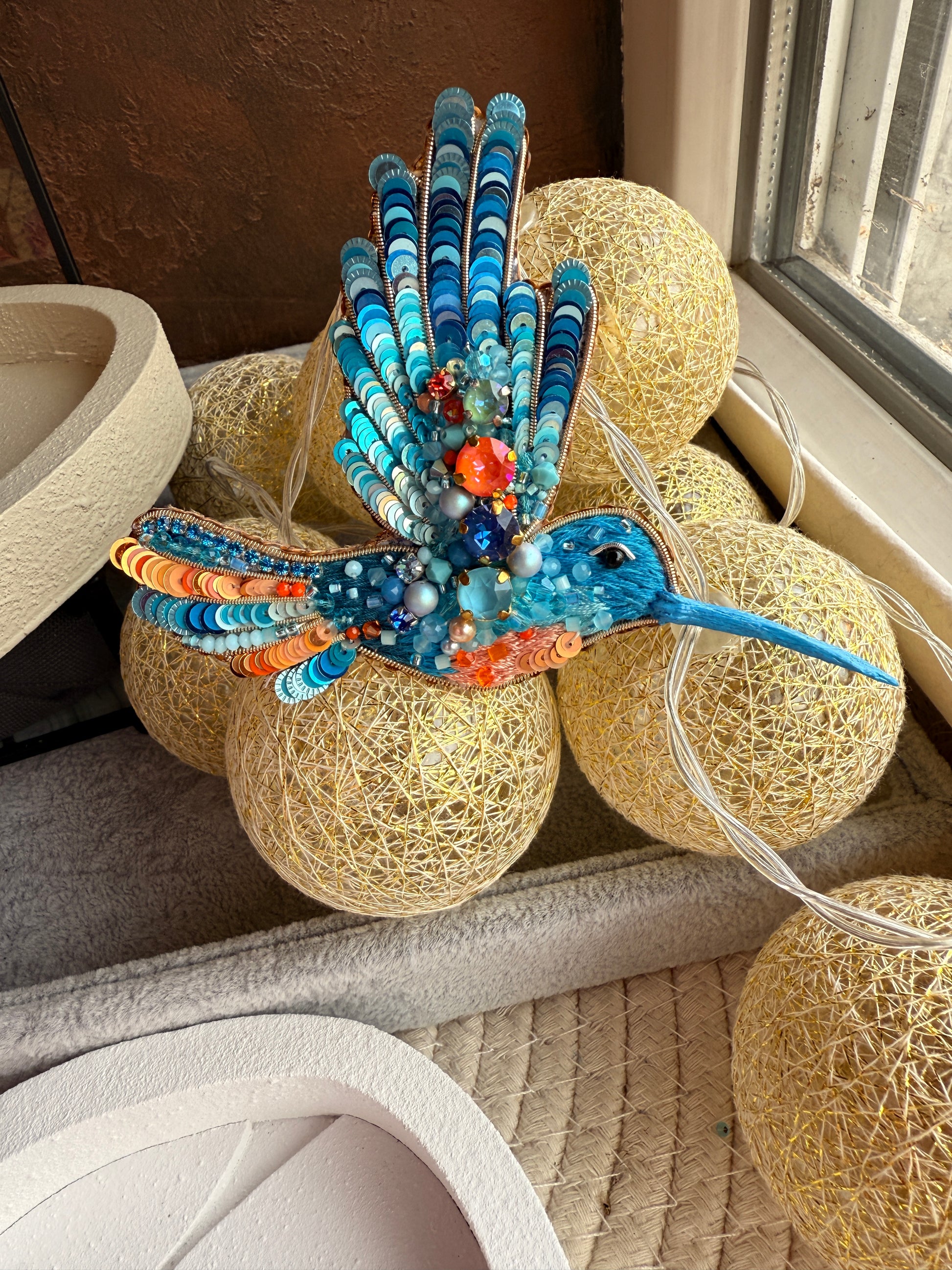 Blue Hummingbird Beaded Brooch