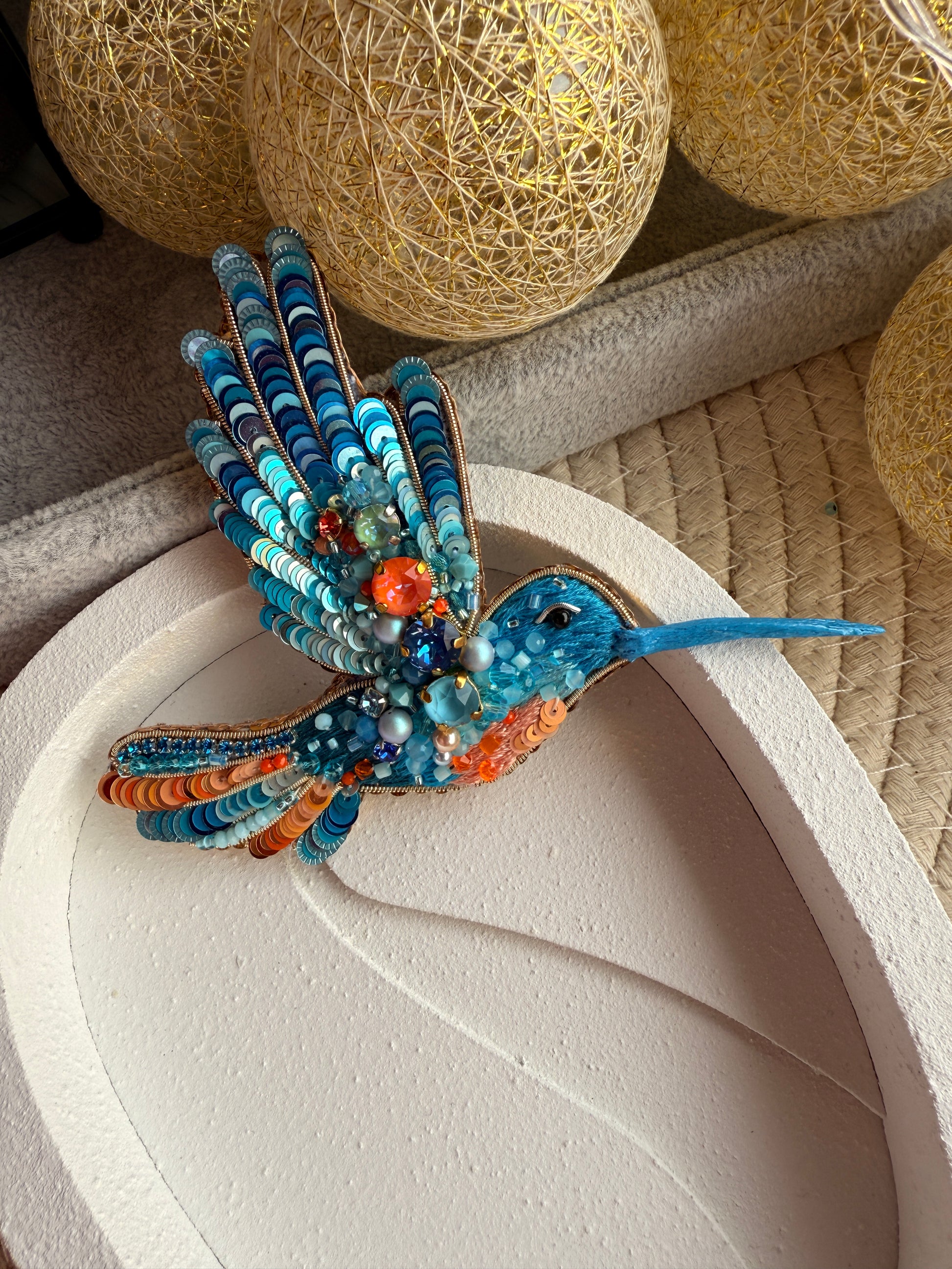 Blue Hummingbird Beaded Brooch