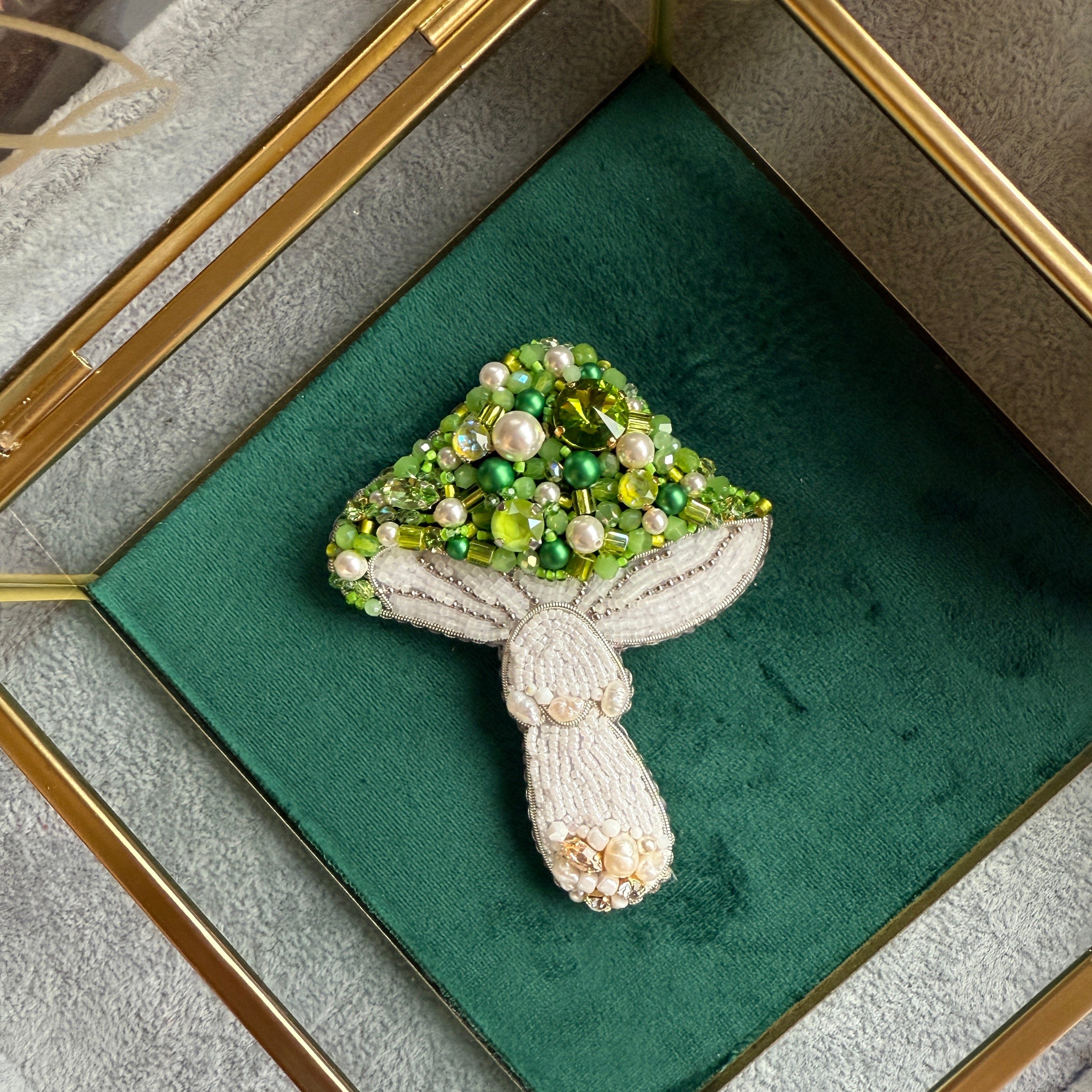 Luxury Mushroom Brooch – Hand Embroidered with Crystals and Pearls