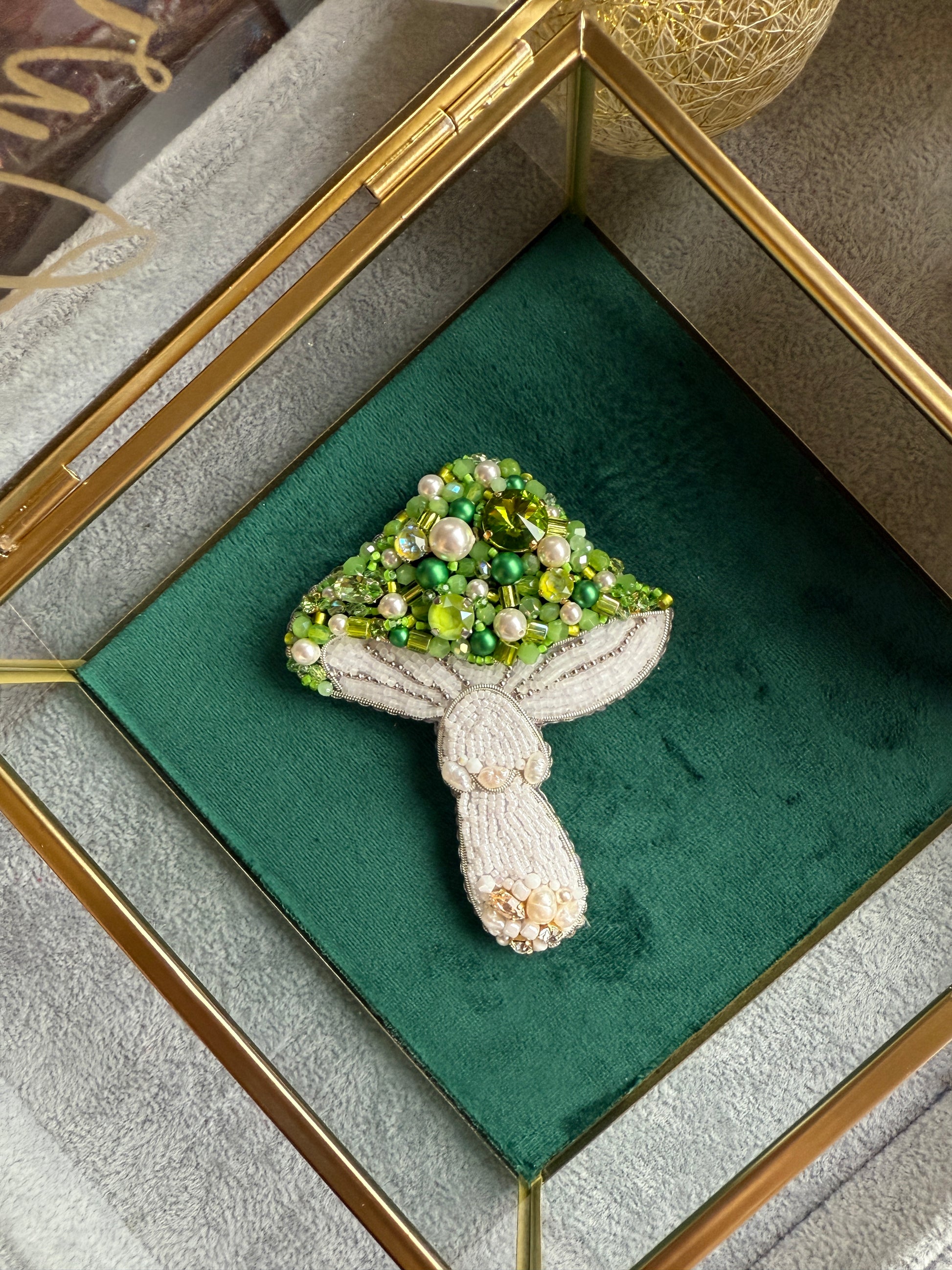 Luxury Mushroom Brooch – Hand Embroidered with Crystals and Pearls