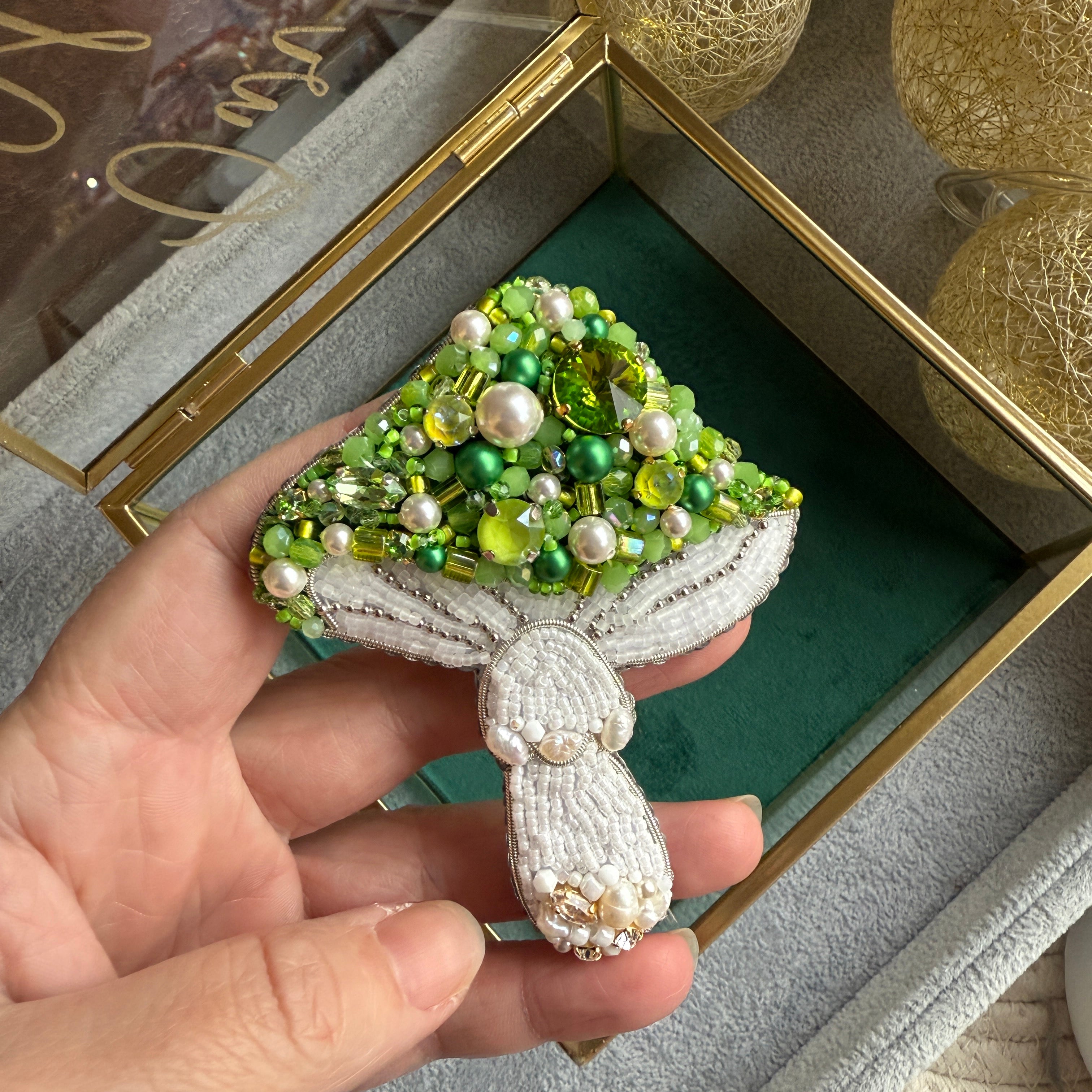 Green Beaded Mushroom Brooch – Handmade Forest-Inspired Pin