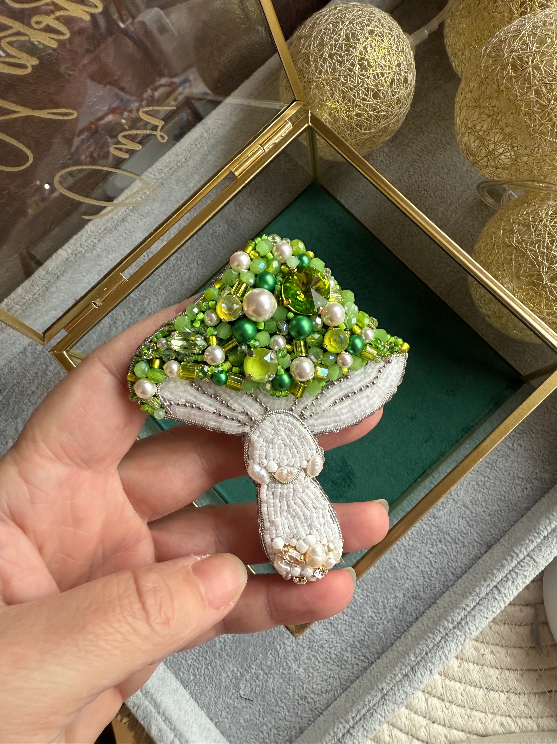 Green Beaded Mushroom Brooch – Handmade Forest-Inspired Pin