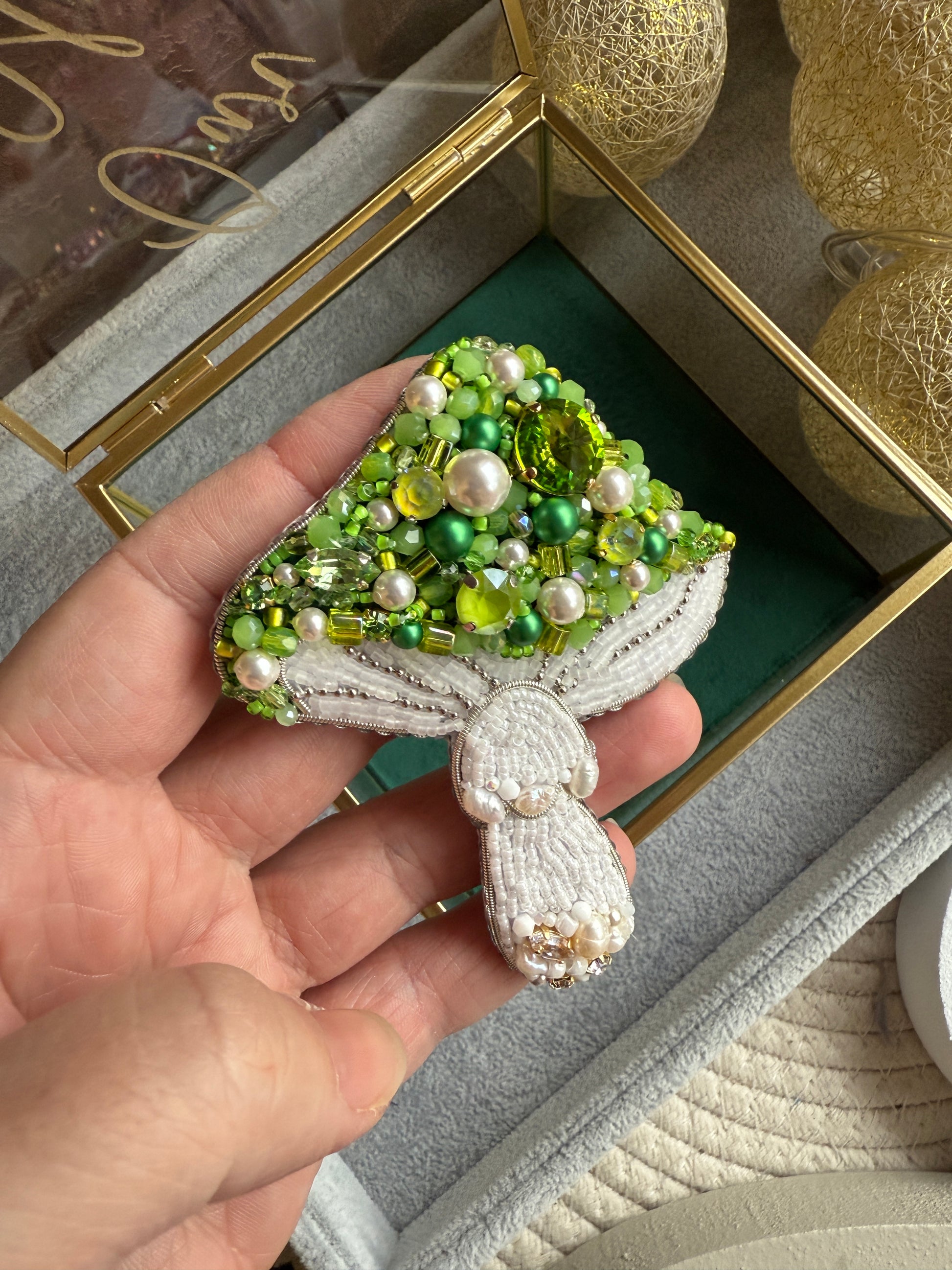 Green Beaded Mushroom Brooch – Handmade Forest-Inspired Pin