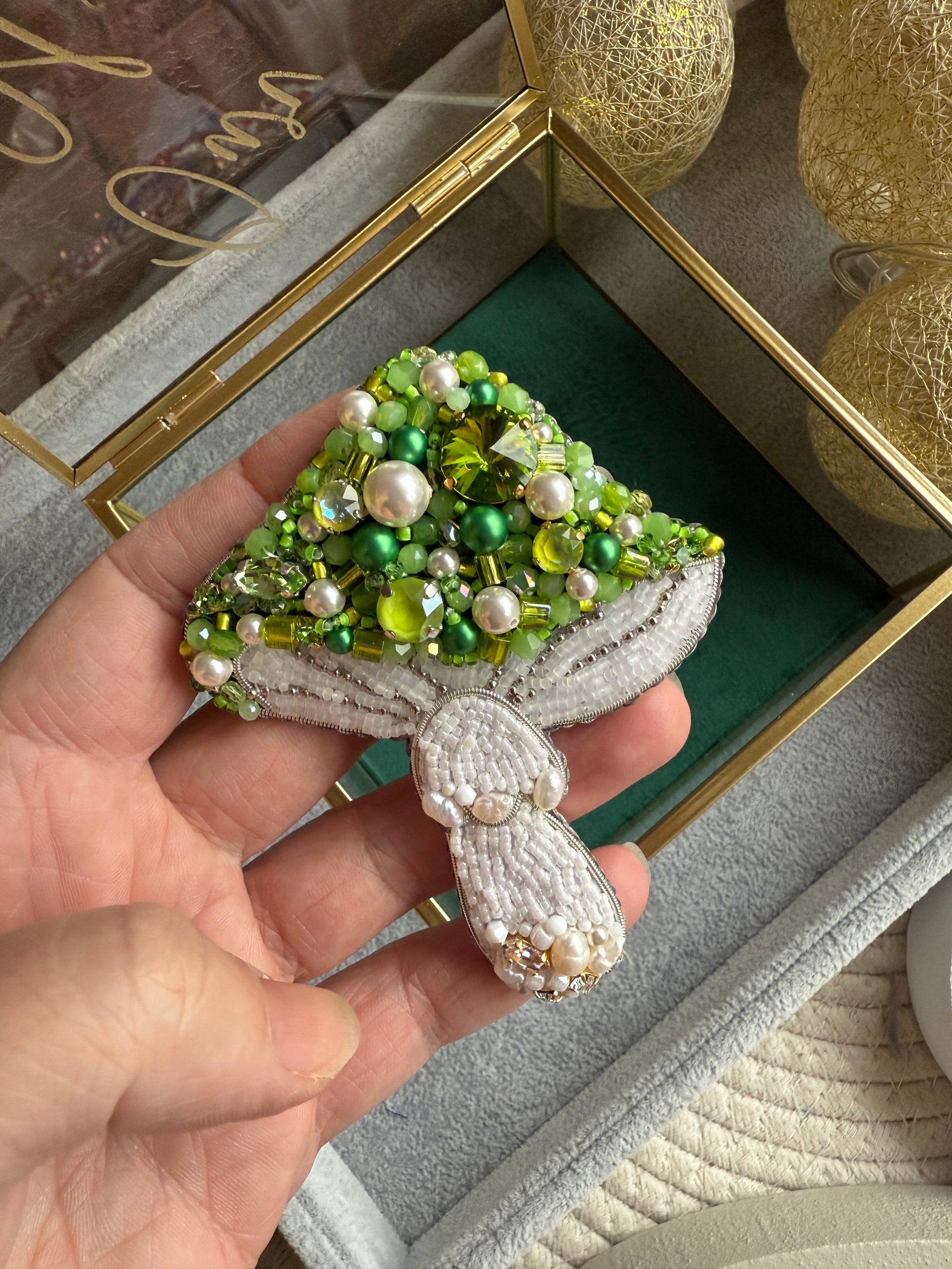 Green Beaded Mushroom Brooch – Handmade Forest-Inspired Pin