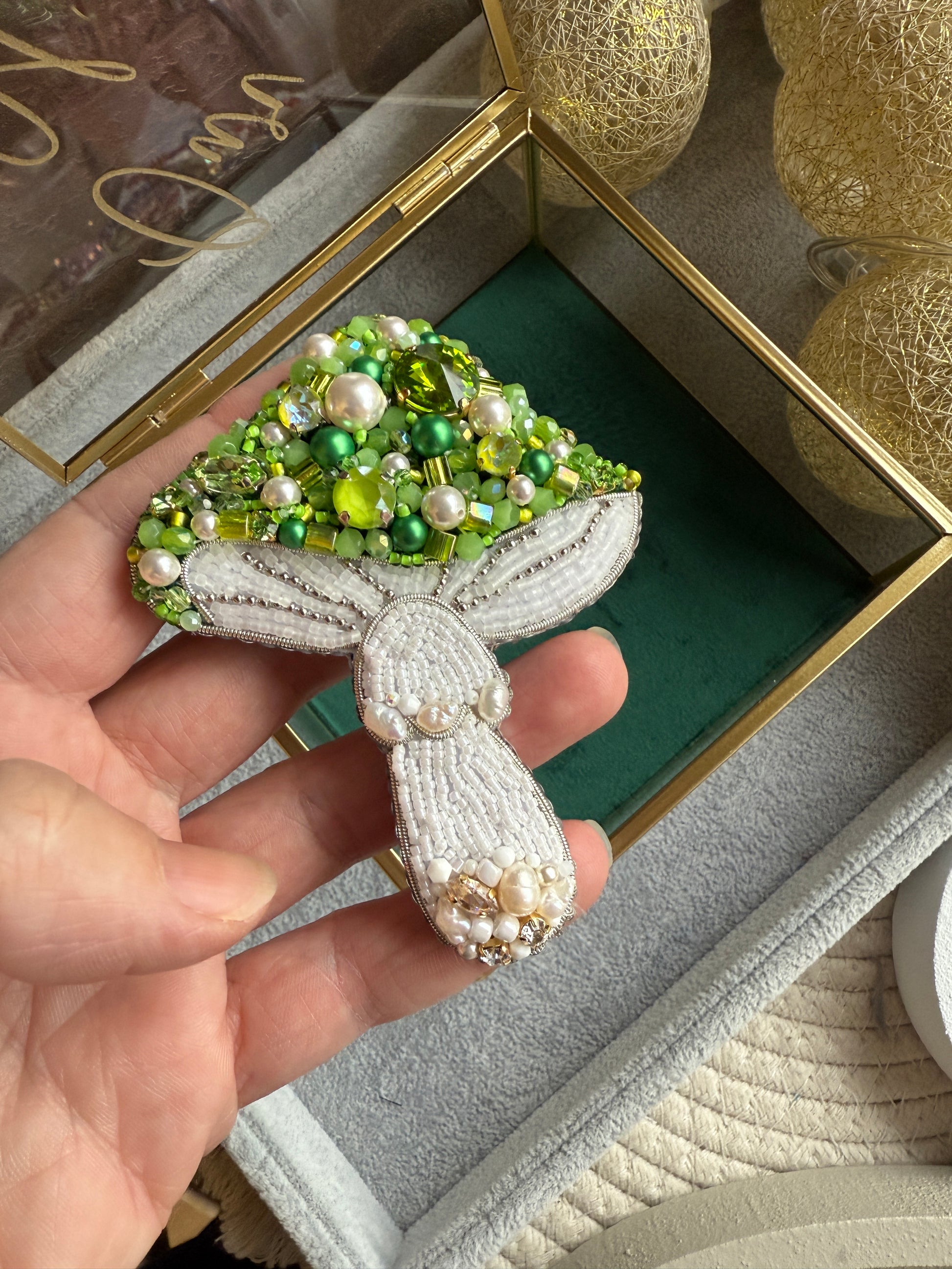 Green Beaded Mushroom Brooch – Handmade Forest-Inspired Pin