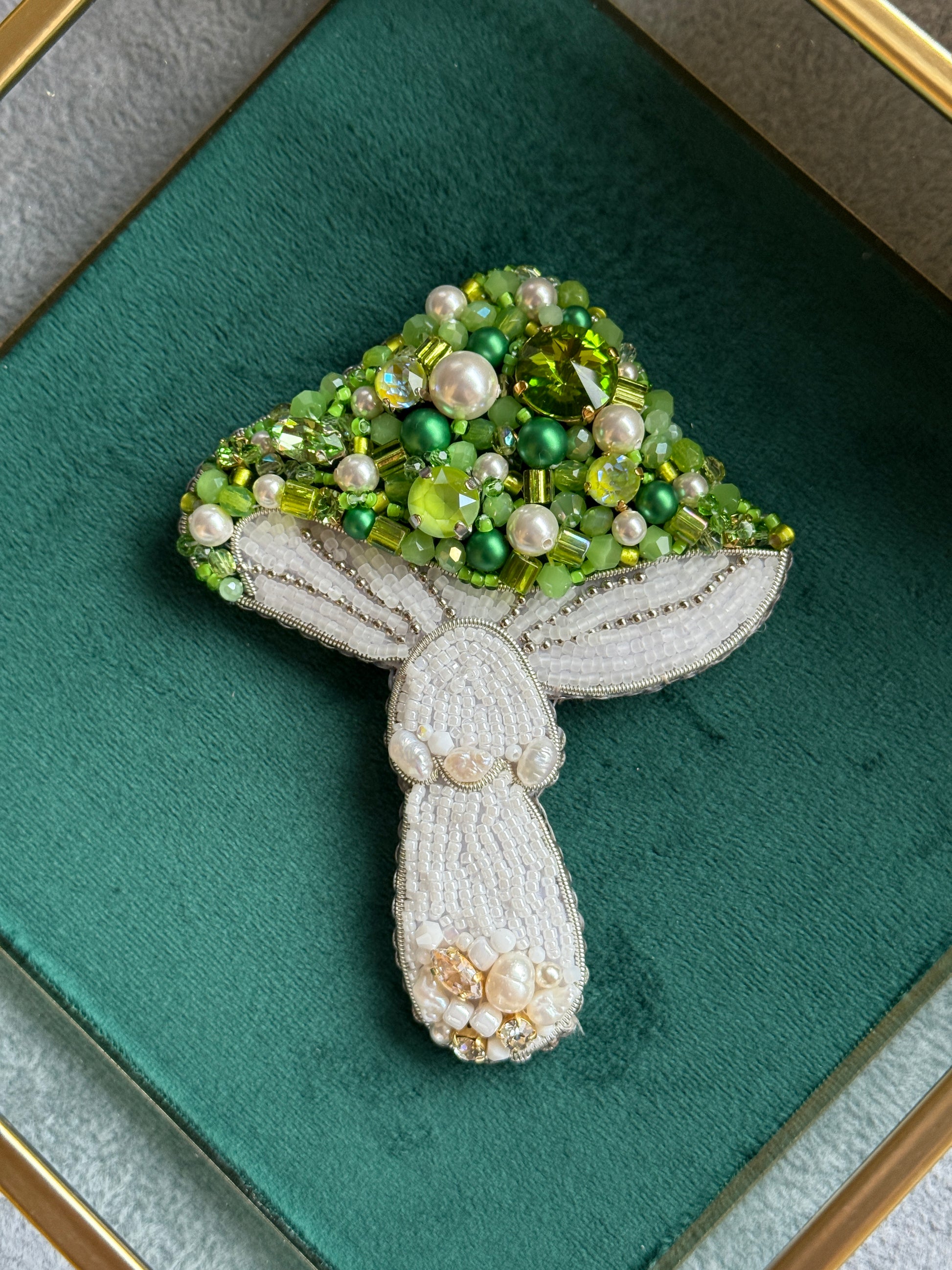 Green Beaded Mushroom Brooch – Handmade Forest-Inspired Pin