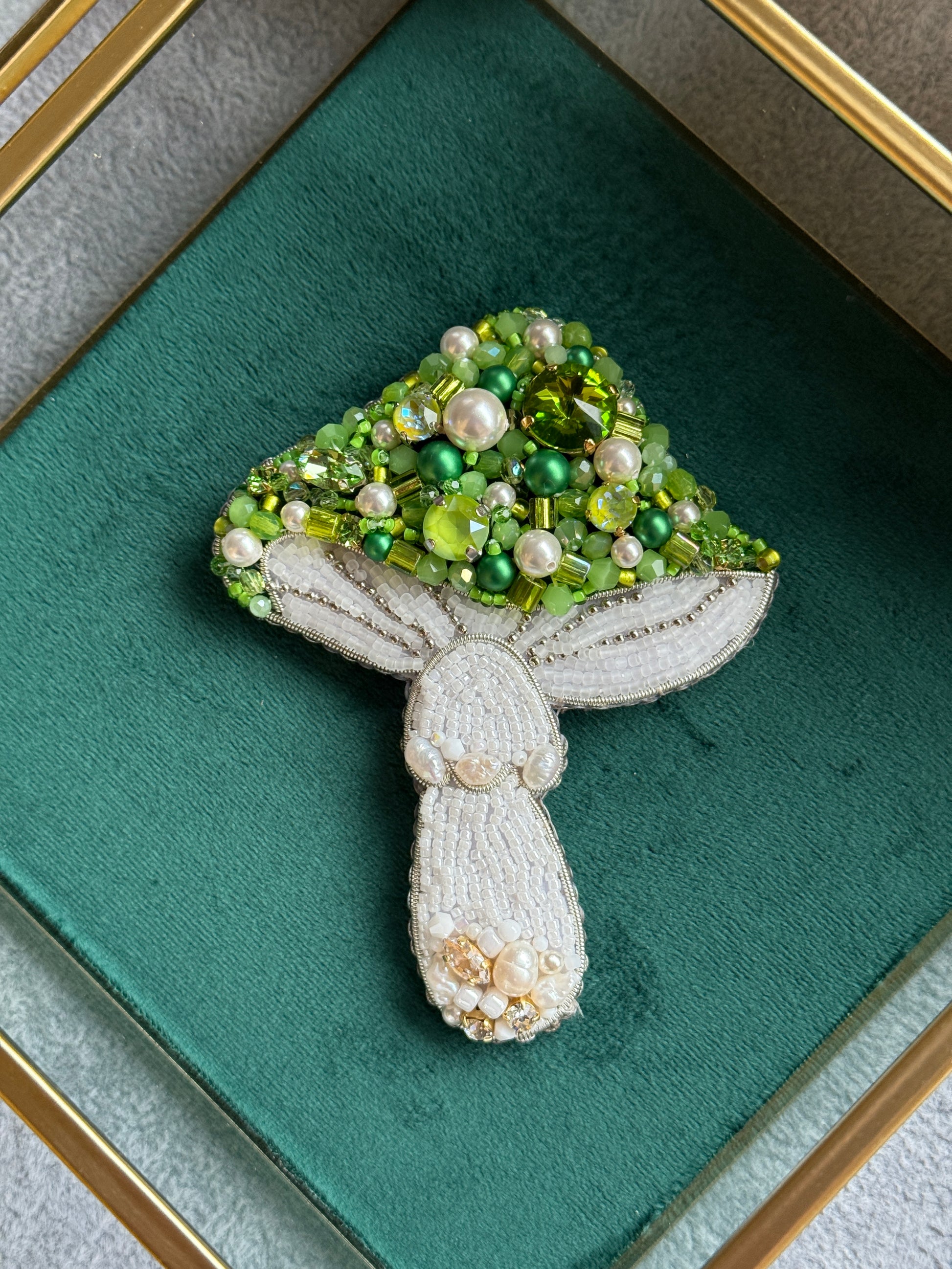 Green Beaded Mushroom Brooch – Handmade Forest-Inspired Pin