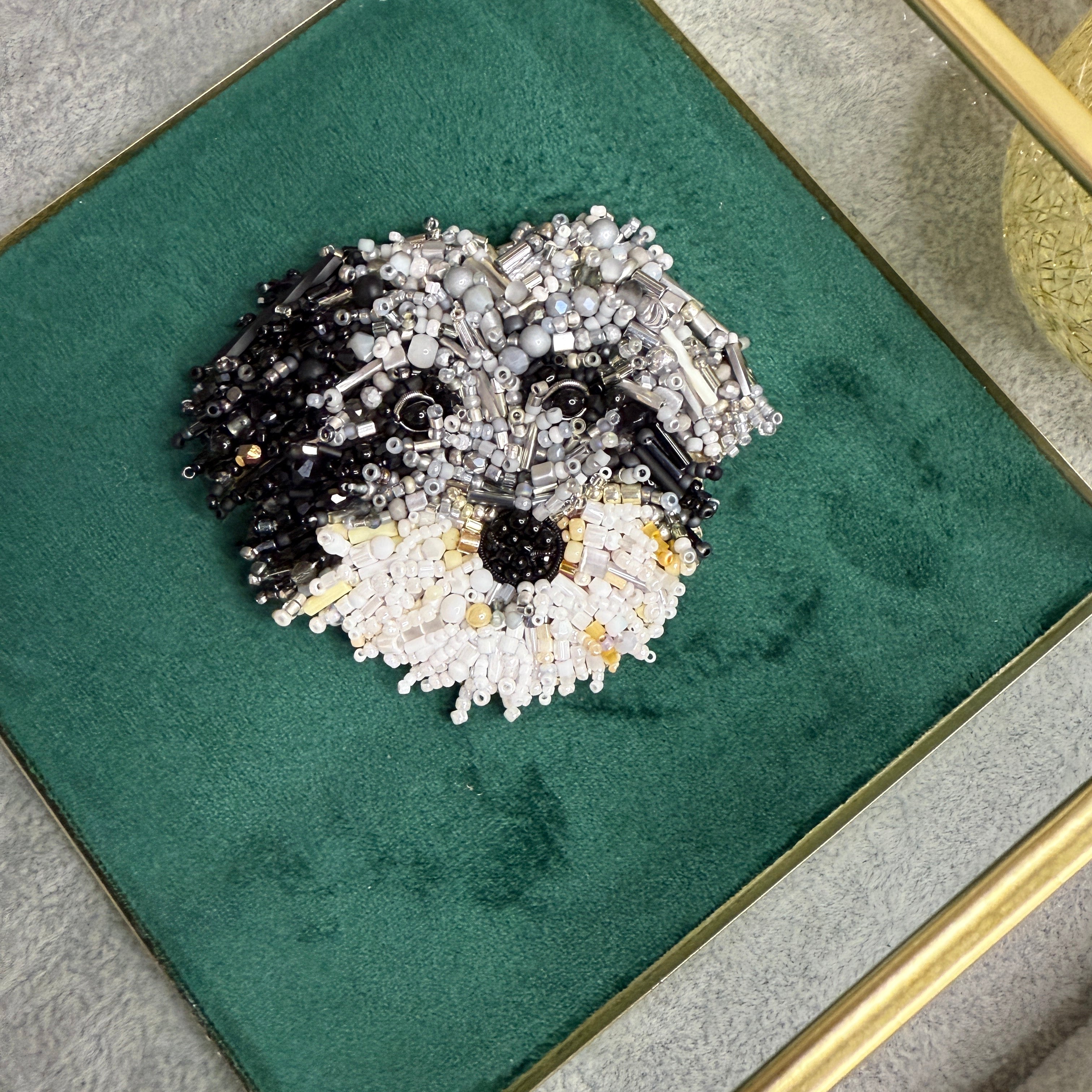 Custom tricolor Labradoodle beaded portrait brooch hand embroidered with black grey white beads, crystals, sequins, and detailed dog face embroidery