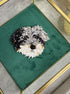 Custom tricolor Labradoodle beaded portrait brooch hand embroidered with black grey white beads, crystals, sequins, and detailed dog face embroidery