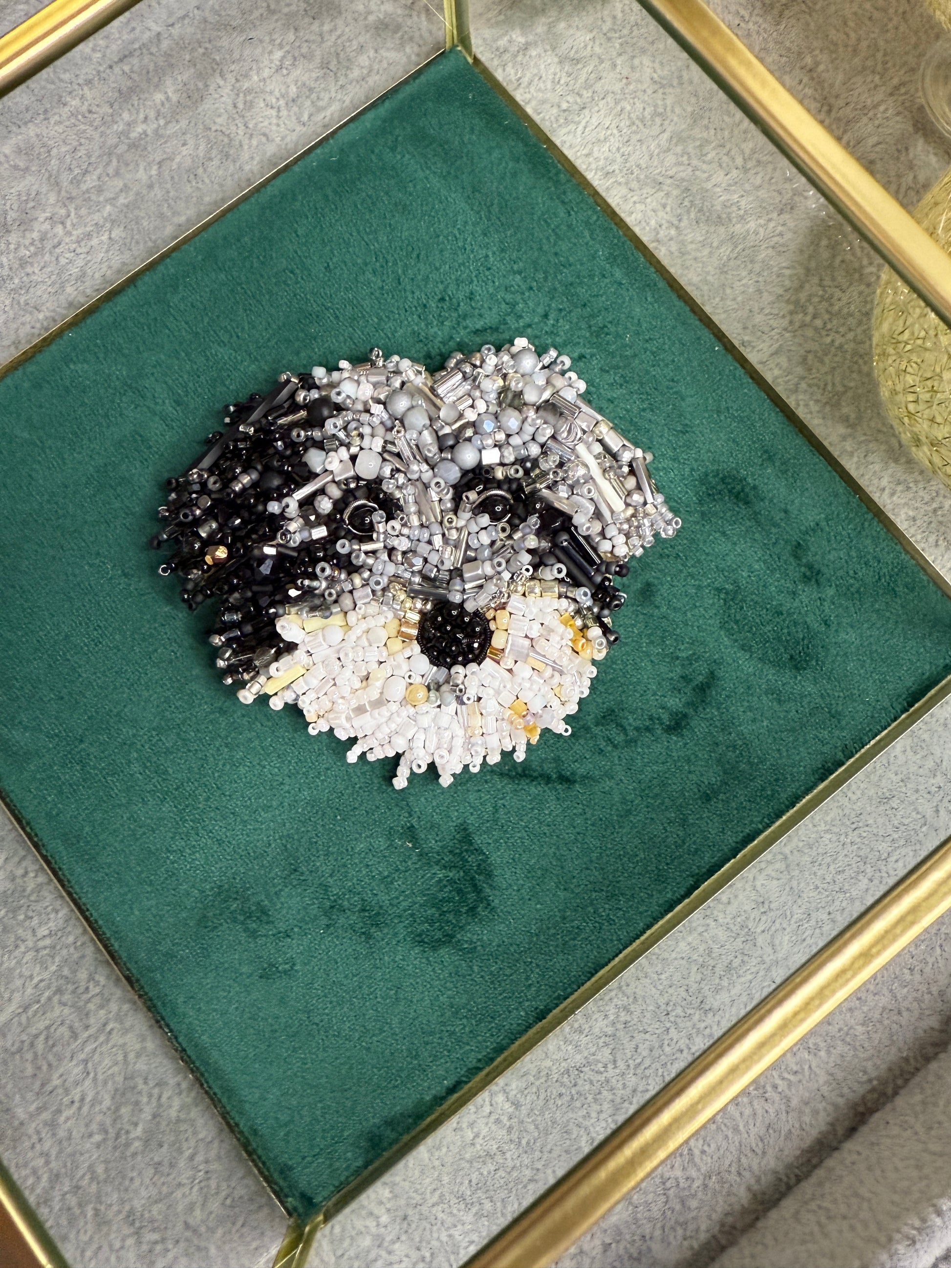 Custom tricolor Labradoodle beaded portrait brooch hand embroidered with black grey white beads, crystals, sequins, and detailed dog face embroidery