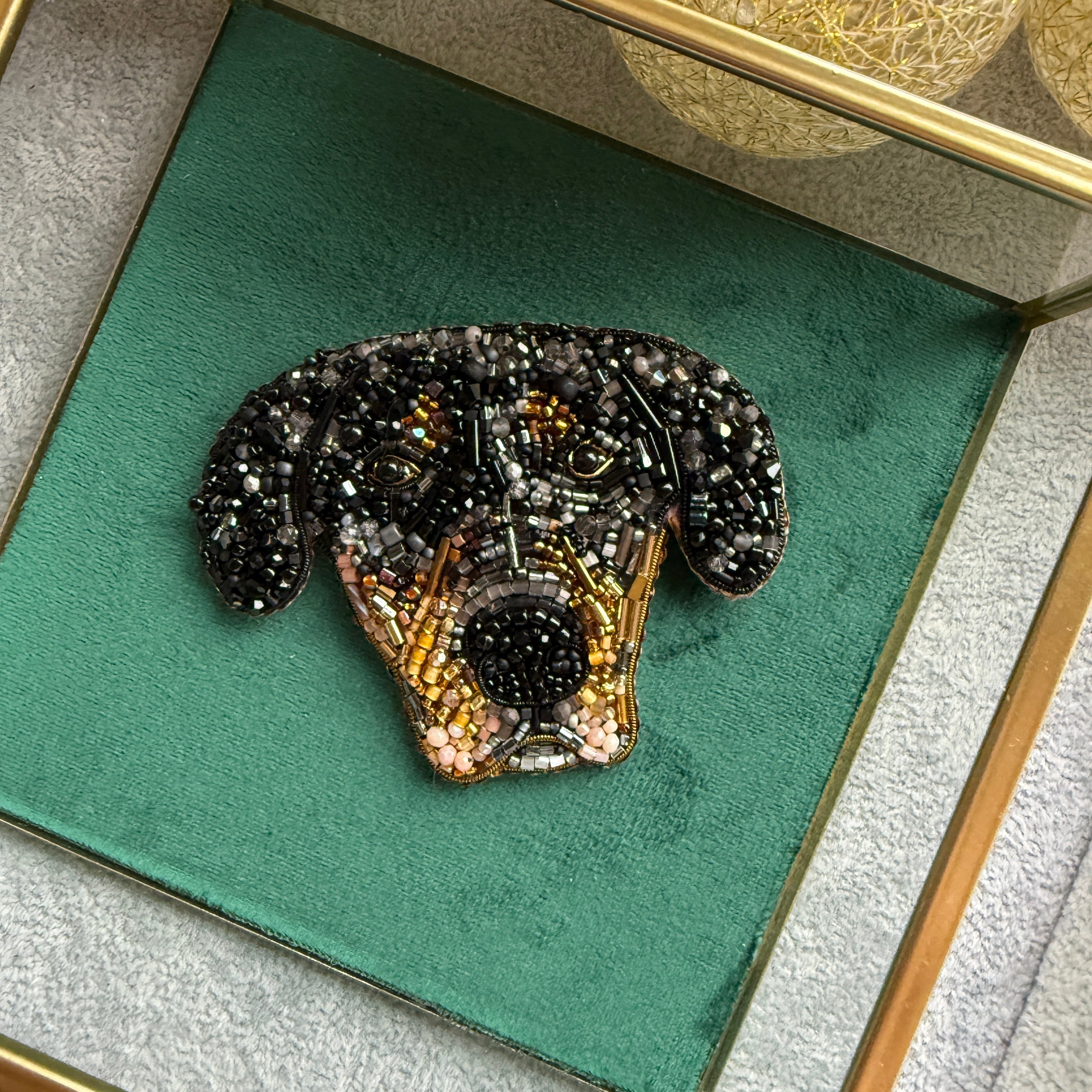 Custom pet portrait beaded brooch hand embroidered from your pet photo with glass beads, crystals, sequins, and detailed dog portrait embroidery