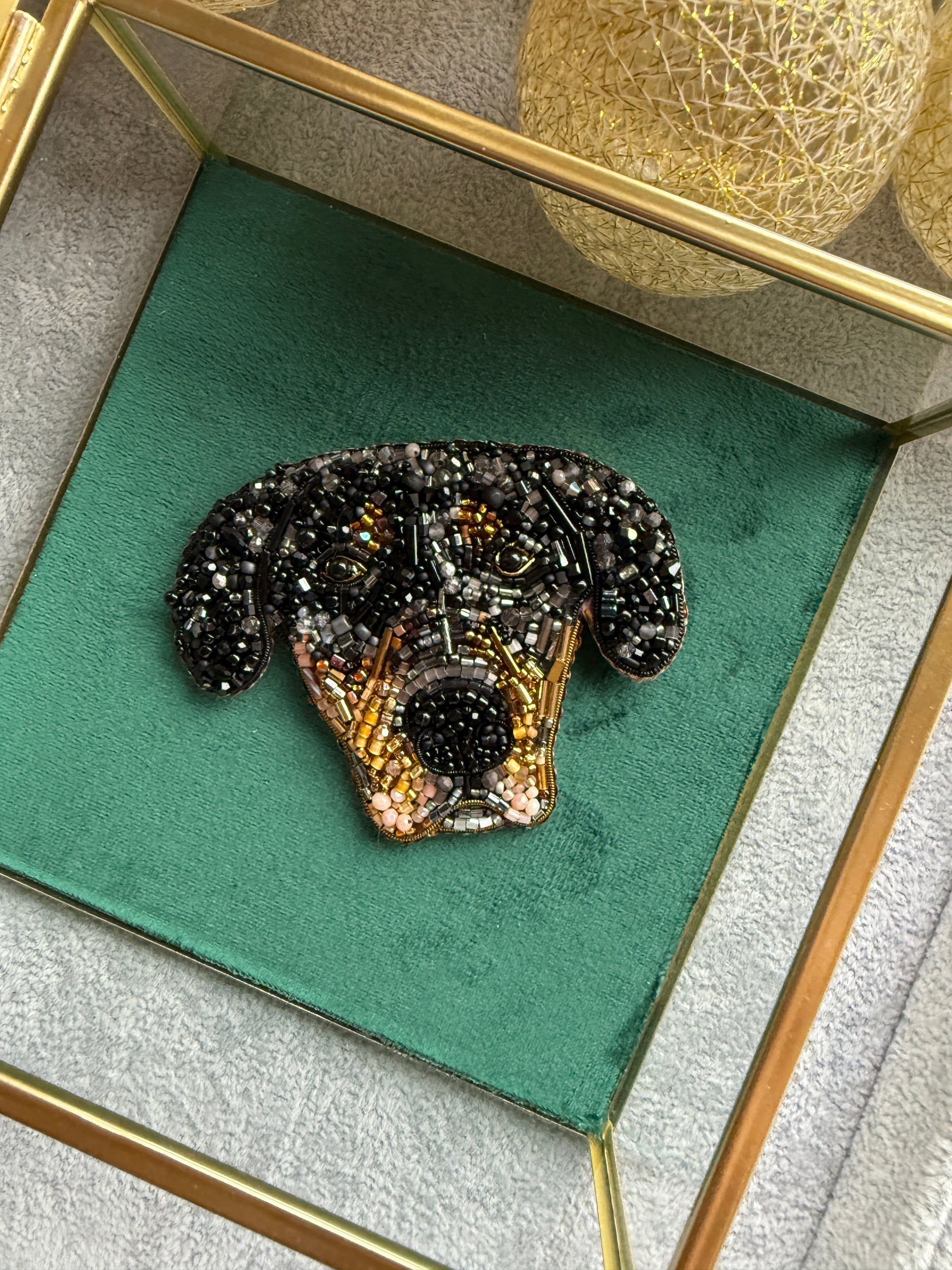 Custom pet portrait beaded brooch hand embroidered from your pet photo with glass beads, crystals, sequins, and detailed dog portrait embroidery