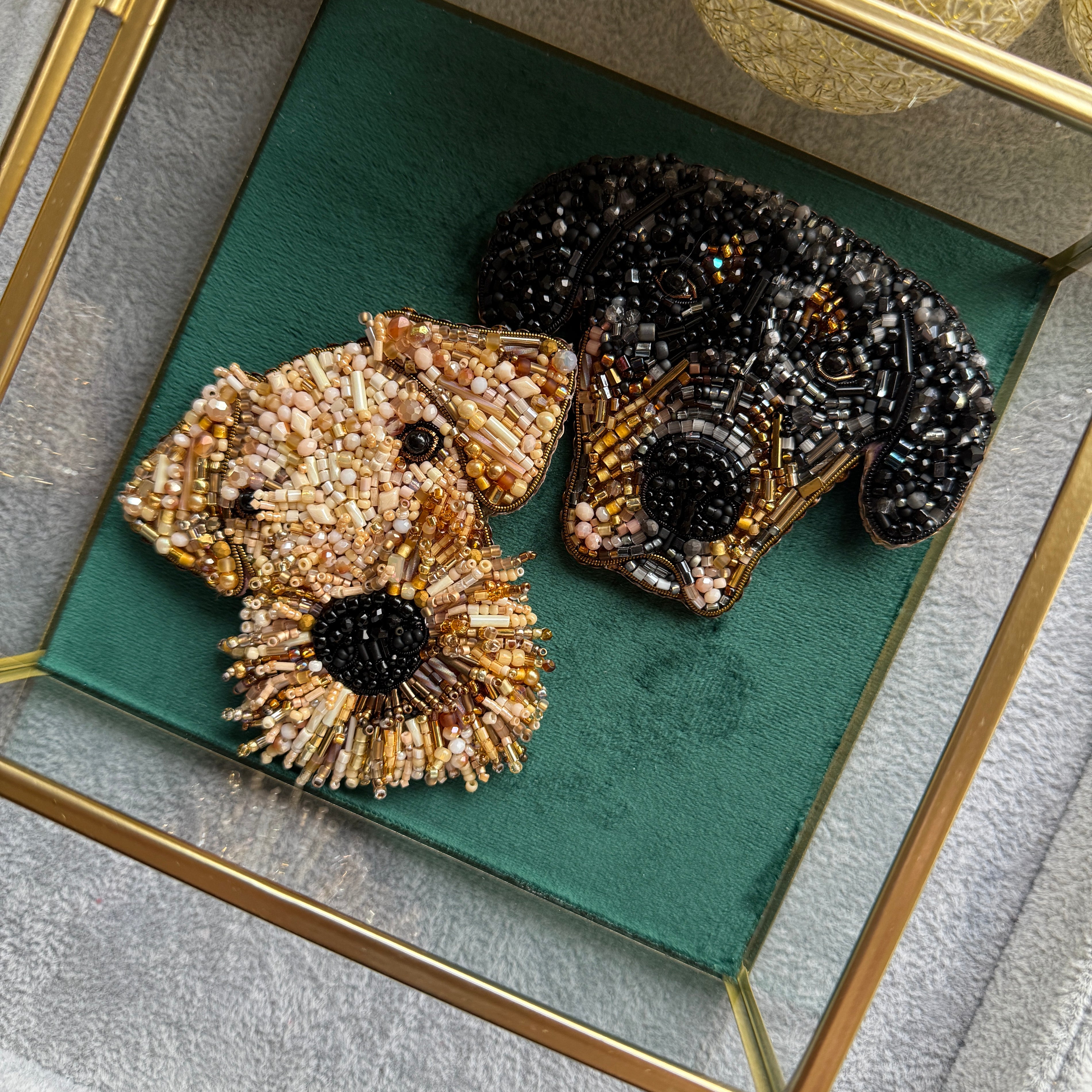 Custom pet portrait beaded brooch hand embroidered from your pet photo with glass beads, crystals, sequins, and detailed dog portrait embroidery