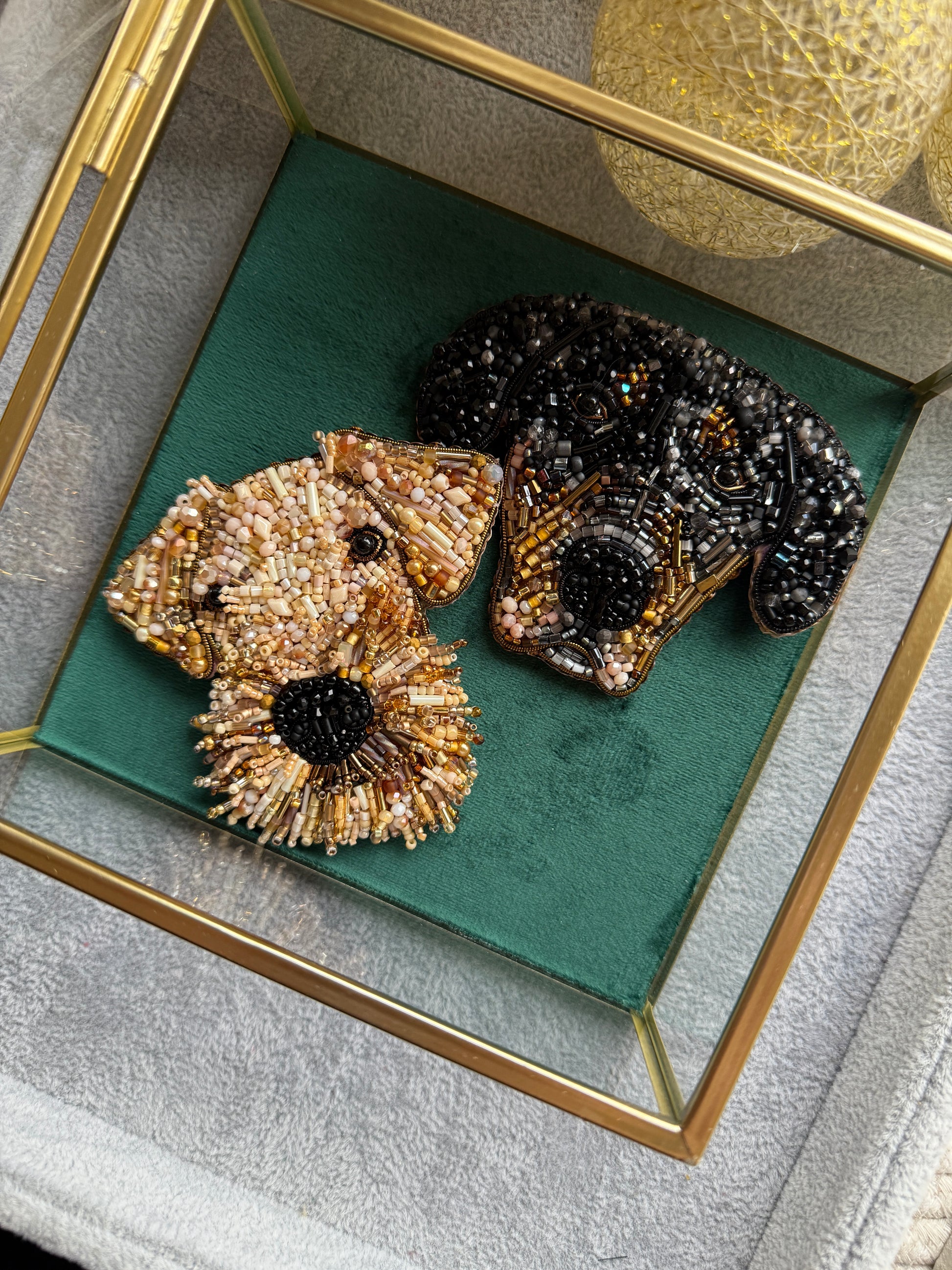 Custom pet portrait beaded brooch hand embroidered from your pet photo with glass beads, crystals, sequins, and detailed dog portrait embroidery