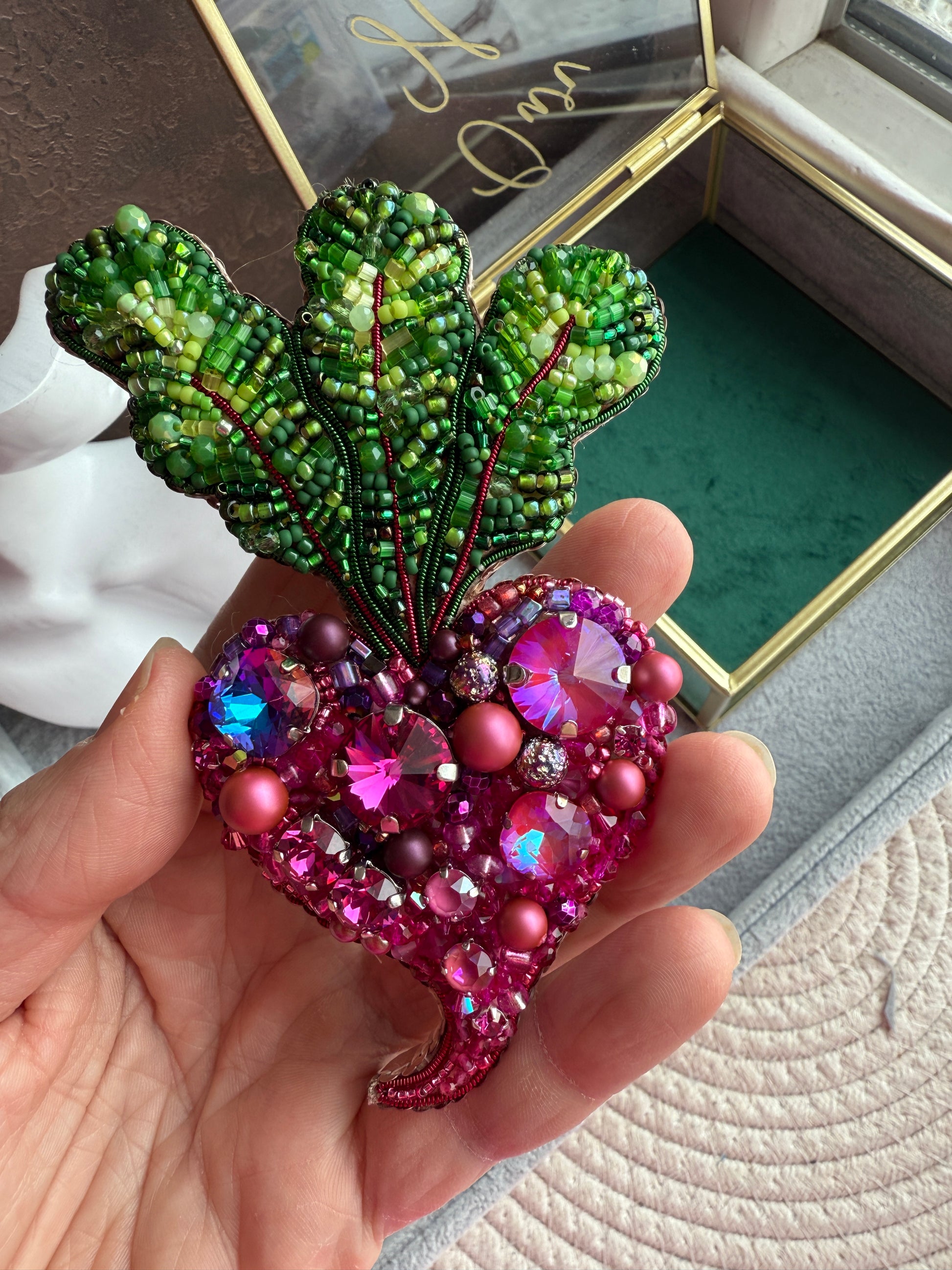 Pink Beet Beaded Brooch