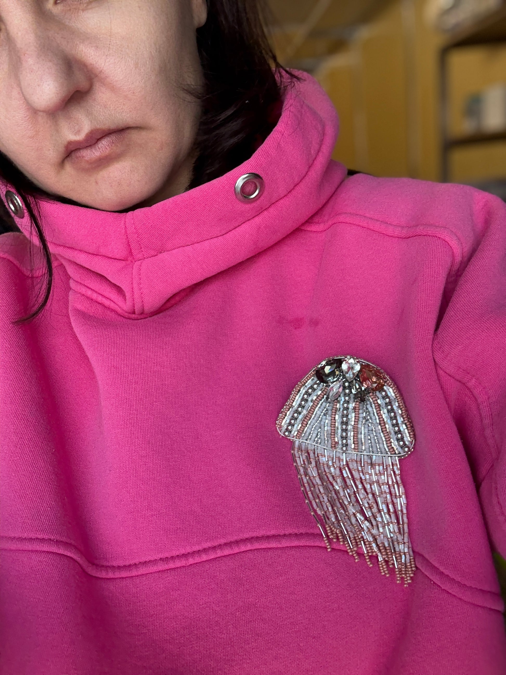Silver Jellyfish Beaded Brooch