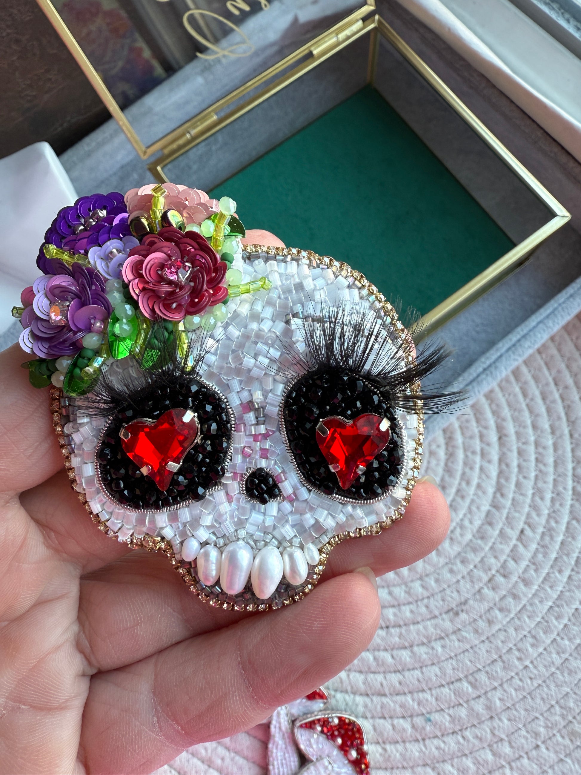 Floral Skull Heart Eyes Beaded Brooch