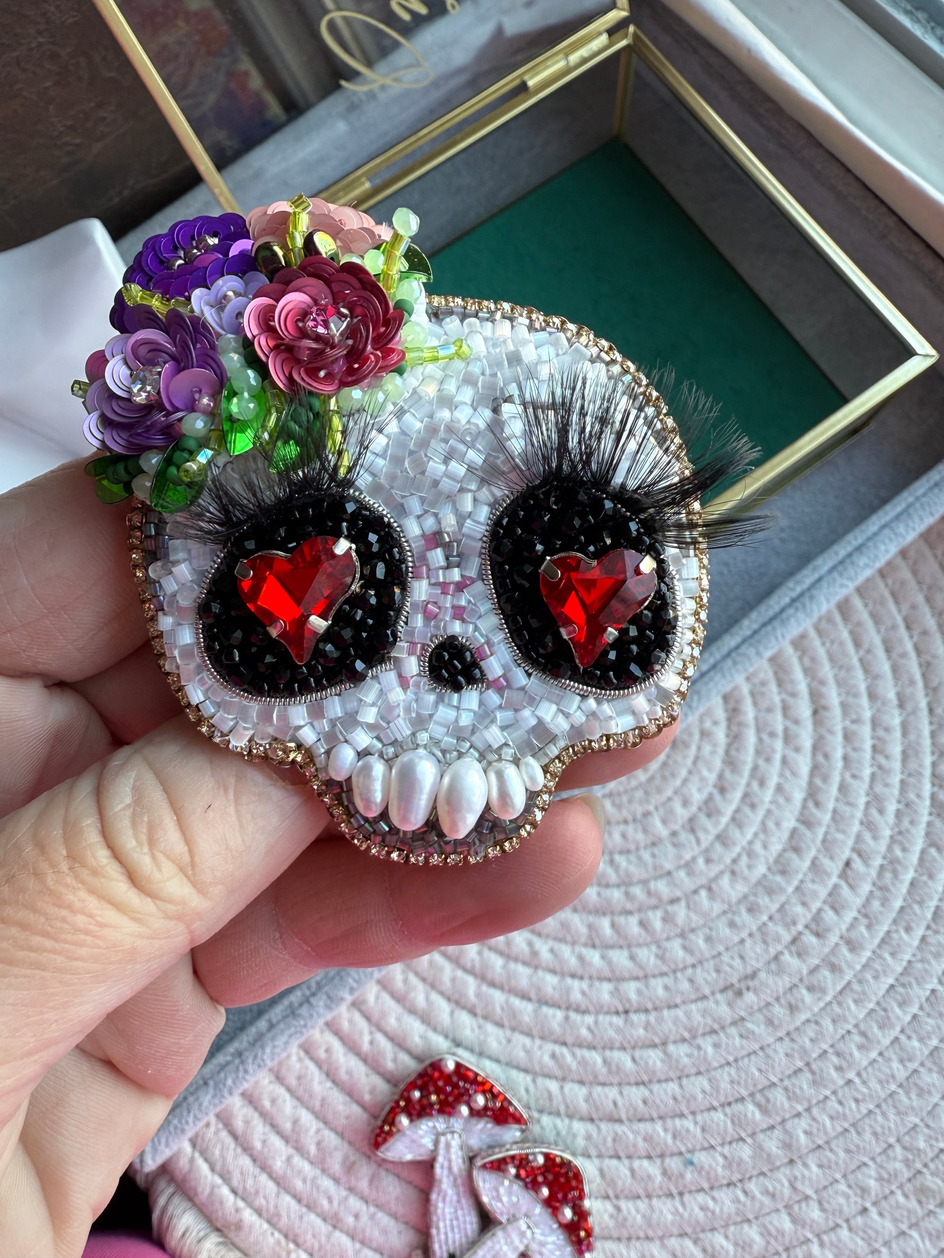 Floral Skull Heart Eyes Beaded Brooch