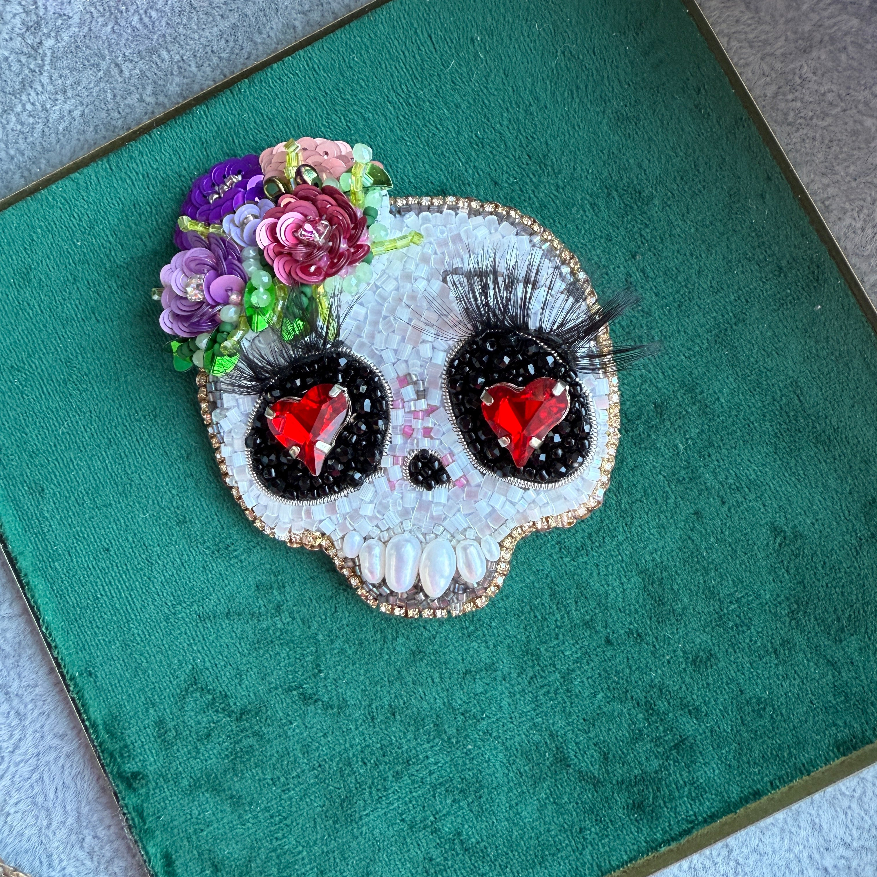 Floral Skull Heart Eyes Beaded Brooch