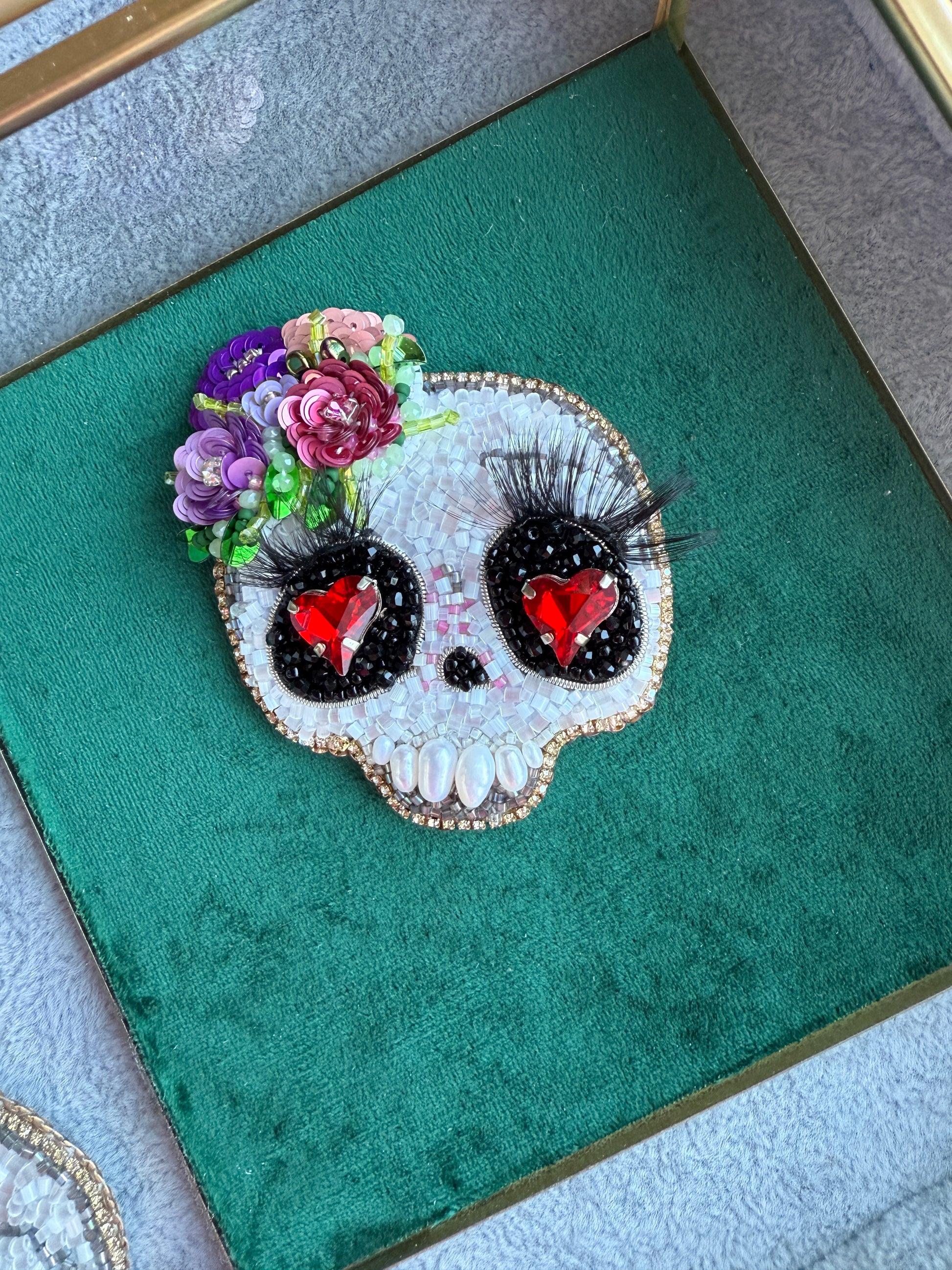 Floral Skull Heart Eyes Beaded Brooch