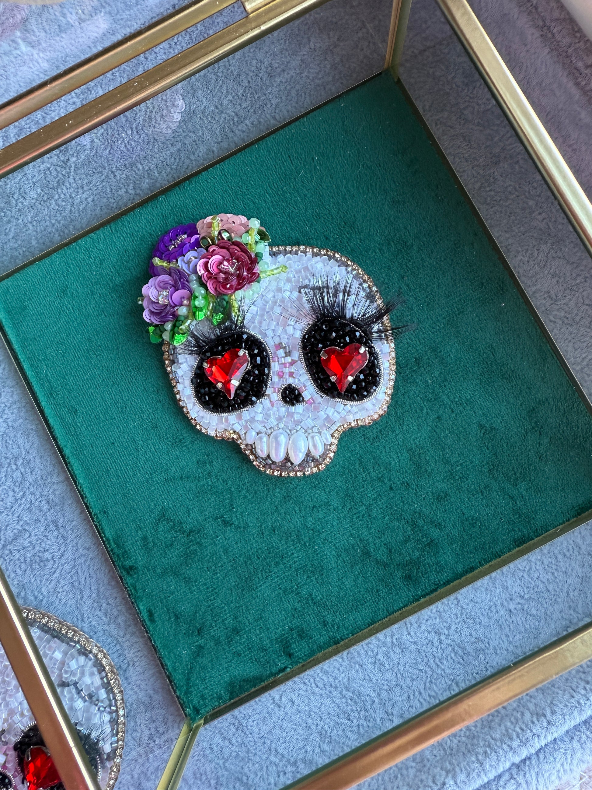 Floral Skull Heart Eyes Beaded Brooch