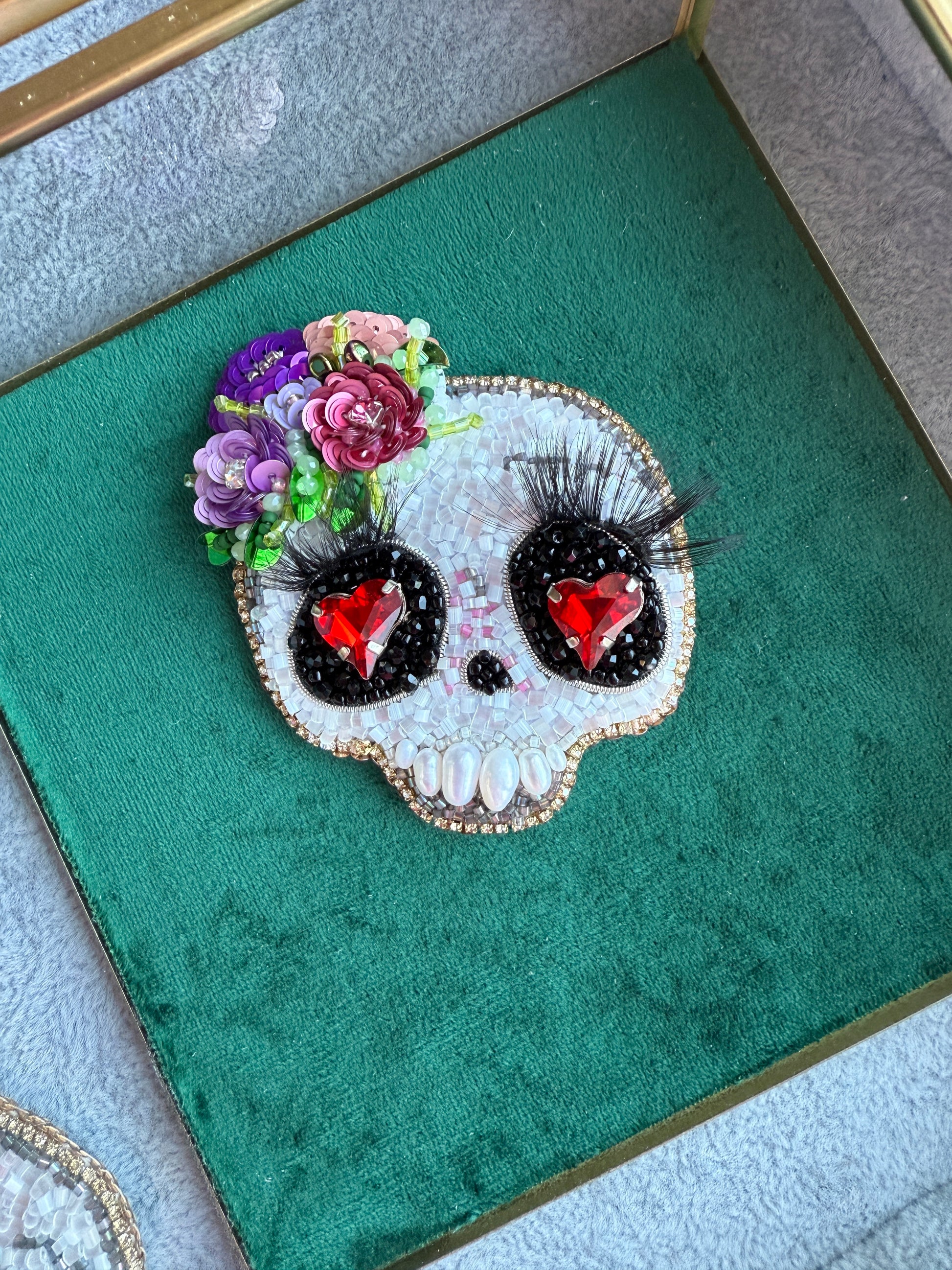 Floral Skull Heart Eyes Beaded Brooch