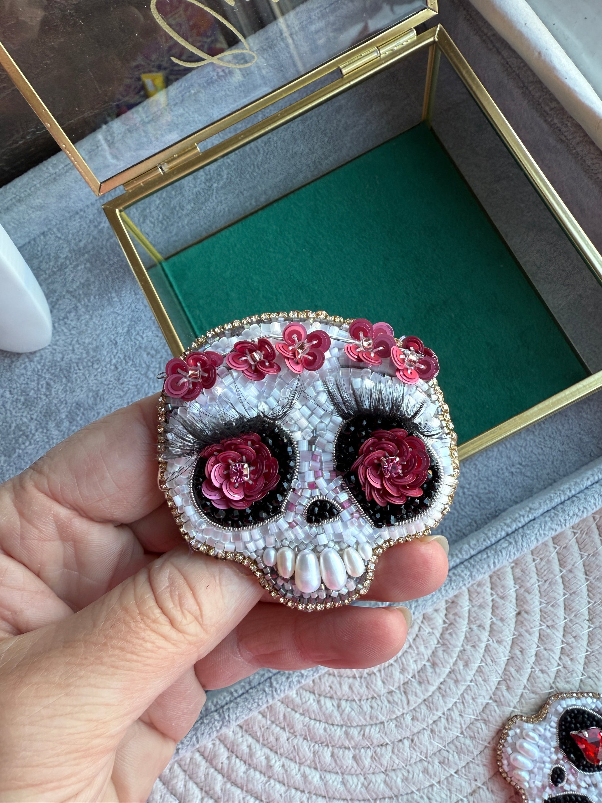 Floral Skull Beaded Brooch