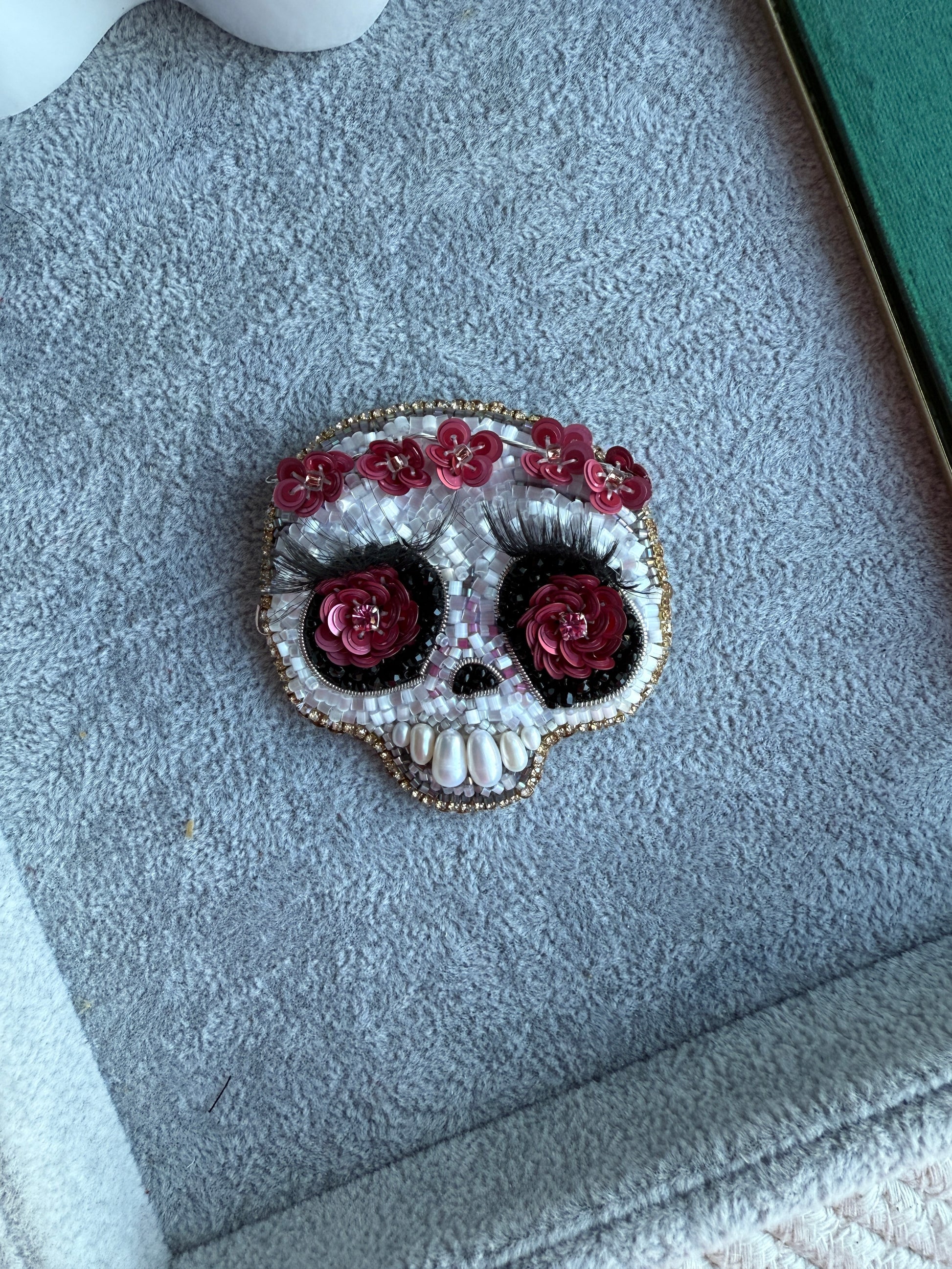 Floral Skull Beaded Brooch